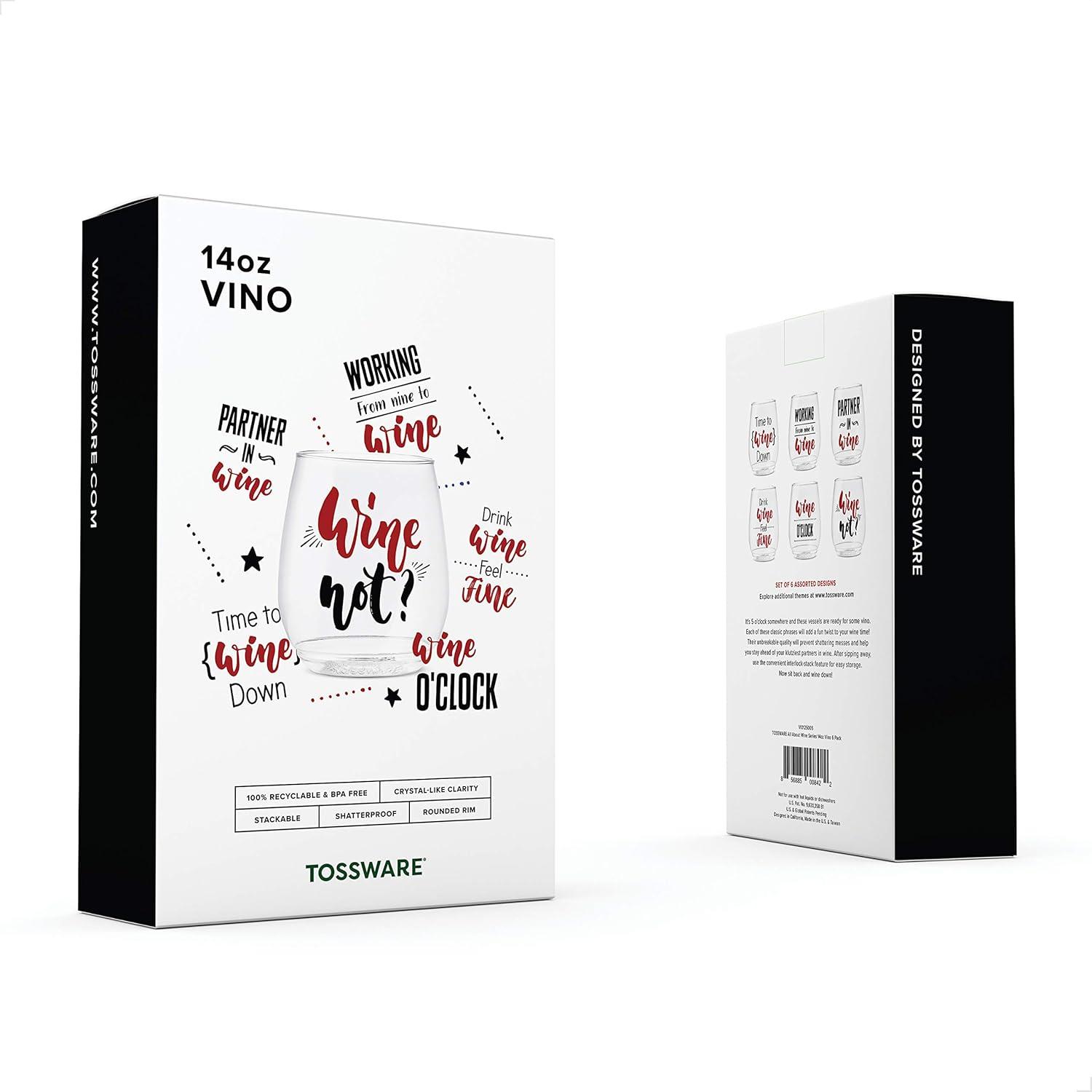imageTOSSWARE POP 14oz Vino All About Wine Series SET OF 6 Premium Quality Recyclable Unbreakable ampamp Crystal Clear Plastic Printed Glasses