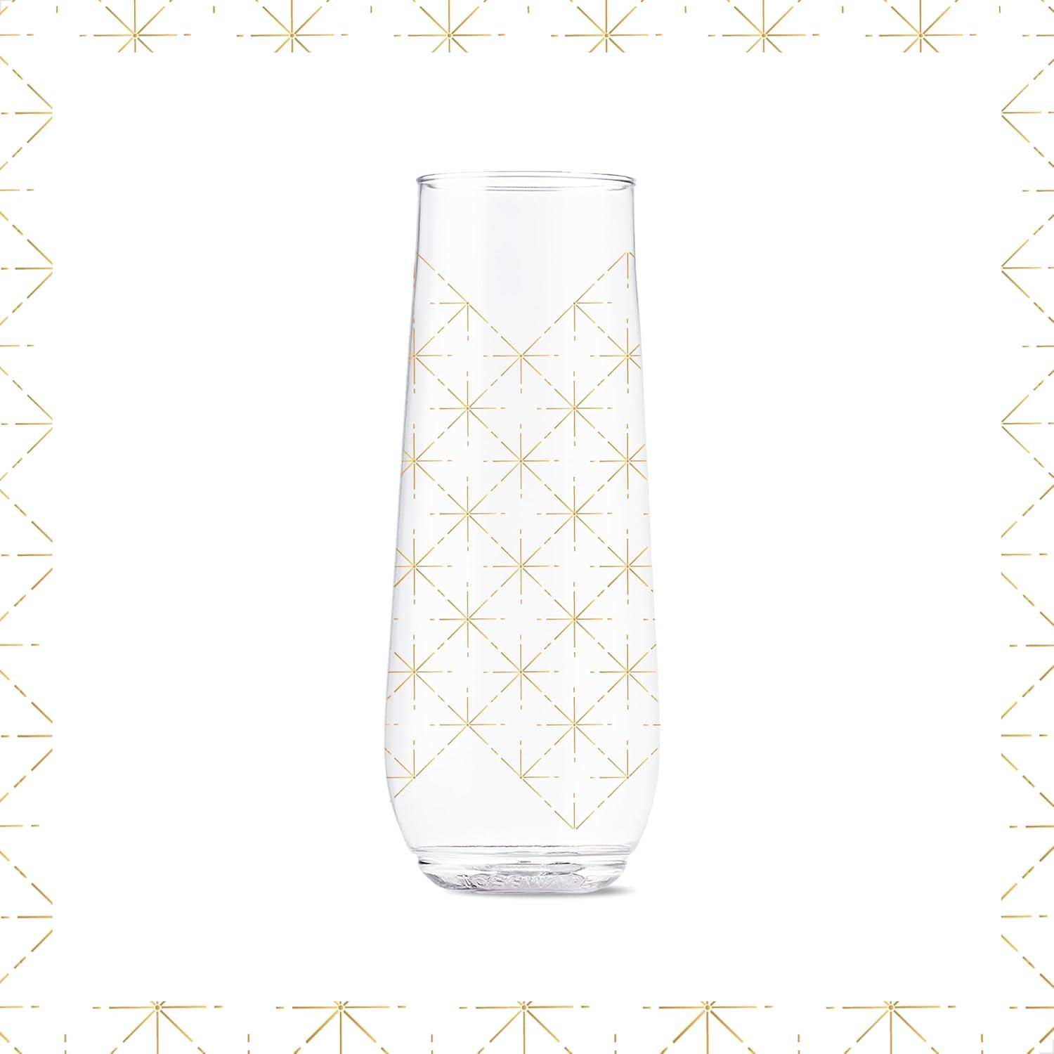 imageTOSSWARE POP 9oz Flute Linear Gold Series SET OF 6 Premium Quality Recyclable Unbreakable ampamp Crystal Clear Plastic Printed Champagne GlassesFestive Cheers
