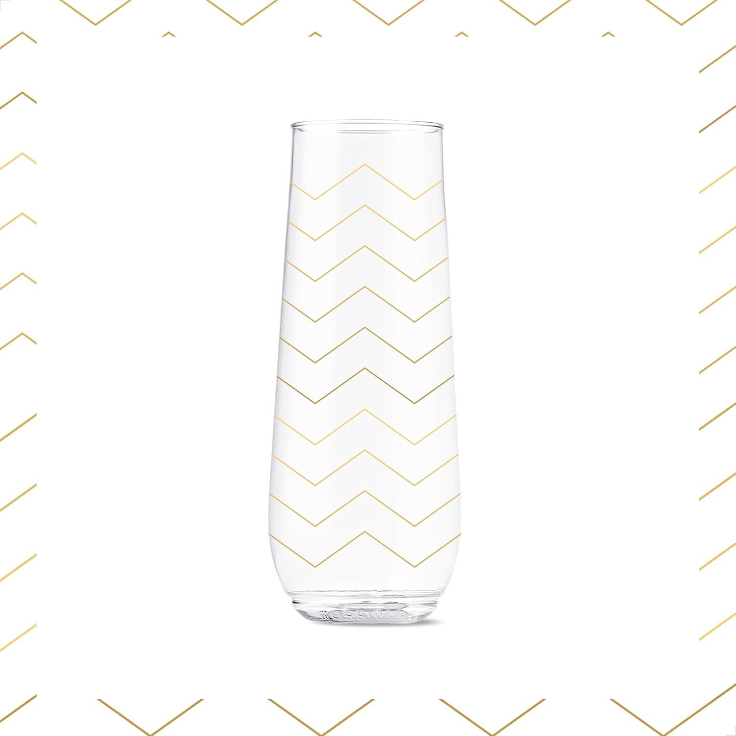 imageTOSSWARE POP 9oz Flute Linear Gold Series SET OF 6 Premium Quality Recyclable Unbreakable ampamp Crystal Clear Plastic Printed Champagne GlassesFestive Cheers