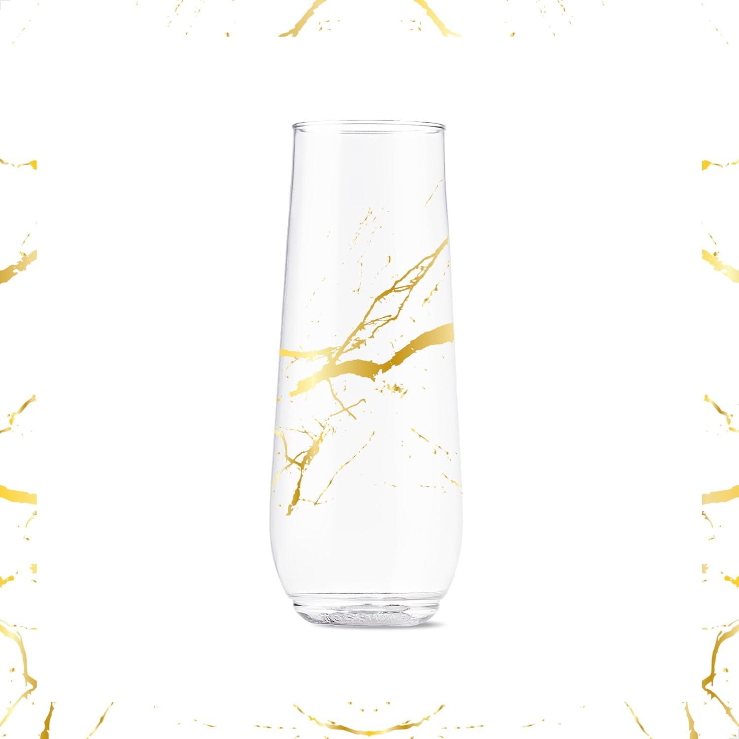 imageTOSSWARE POP 9oz Flute Linear Gold Series SET OF 6 Premium Quality Recyclable Unbreakable ampamp Crystal Clear Plastic Printed Champagne GlassesGold Foil Marble