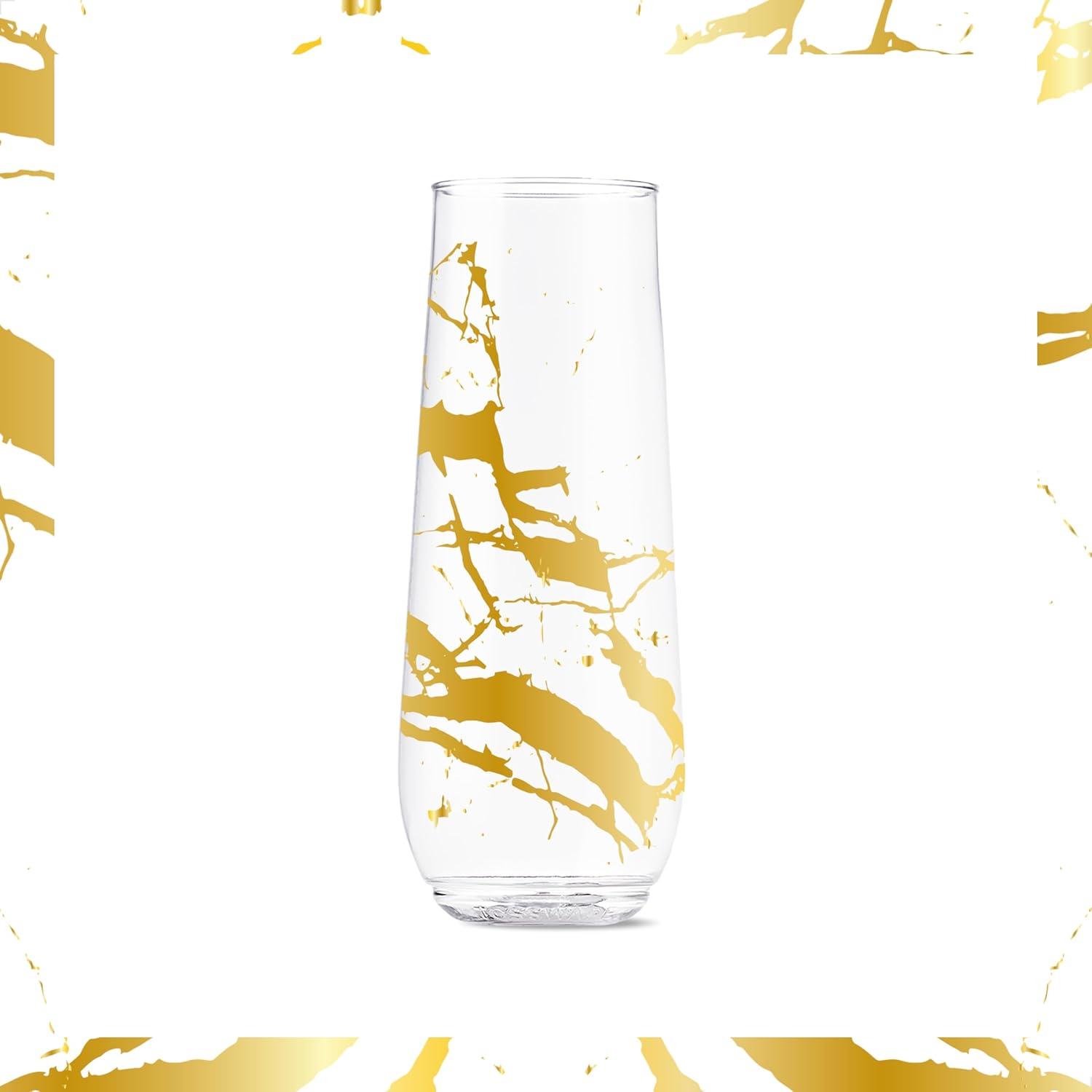 imageTOSSWARE POP 9oz Flute Linear Gold Series SET OF 6 Premium Quality Recyclable Unbreakable ampamp Crystal Clear Plastic Printed Champagne GlassesGold Foil Marble