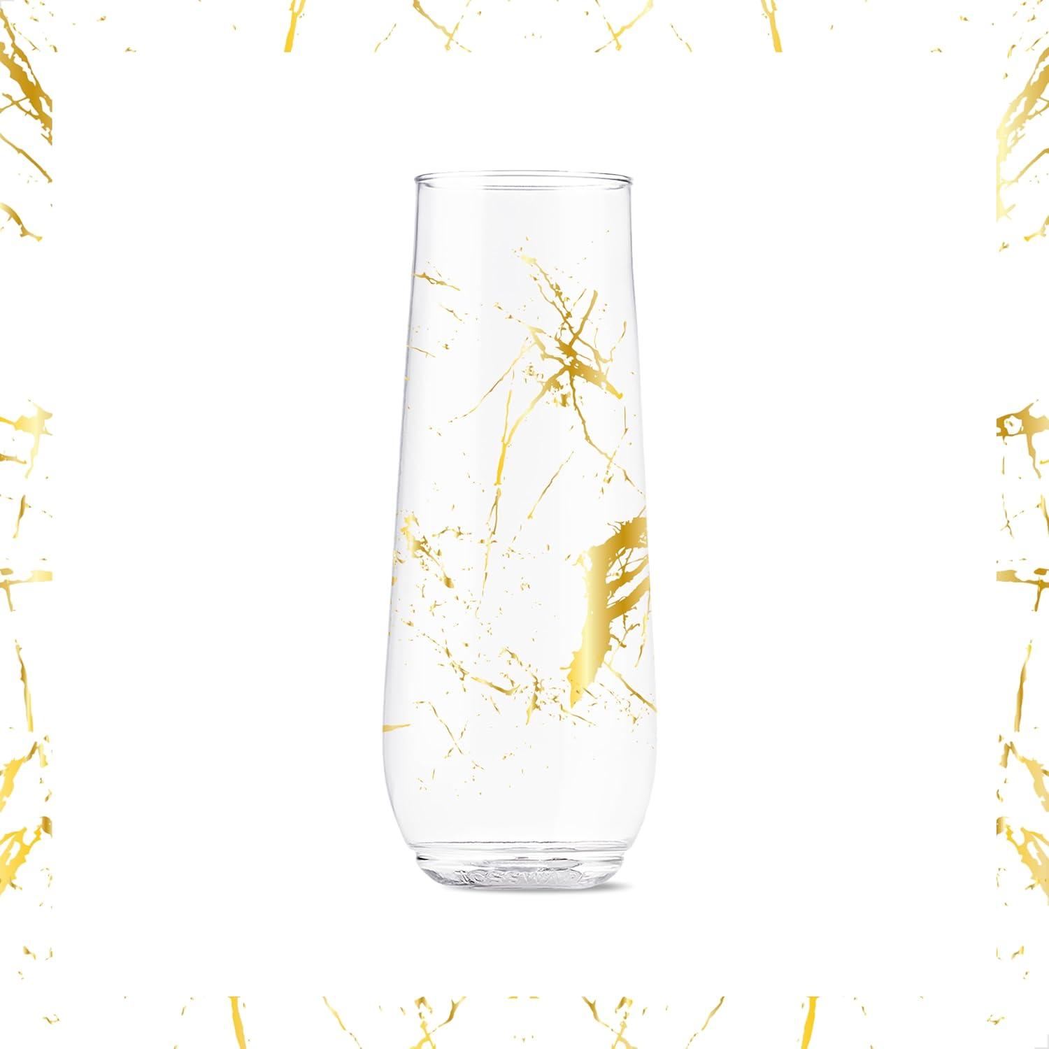 imageTOSSWARE POP 9oz Flute Linear Gold Series SET OF 6 Premium Quality Recyclable Unbreakable ampamp Crystal Clear Plastic Printed Champagne GlassesGold Foil Marble