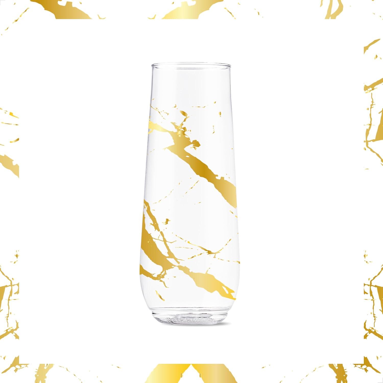 imageTOSSWARE POP 9oz Flute Linear Gold Series SET OF 6 Premium Quality Recyclable Unbreakable ampamp Crystal Clear Plastic Printed Champagne GlassesGold Foil Marble