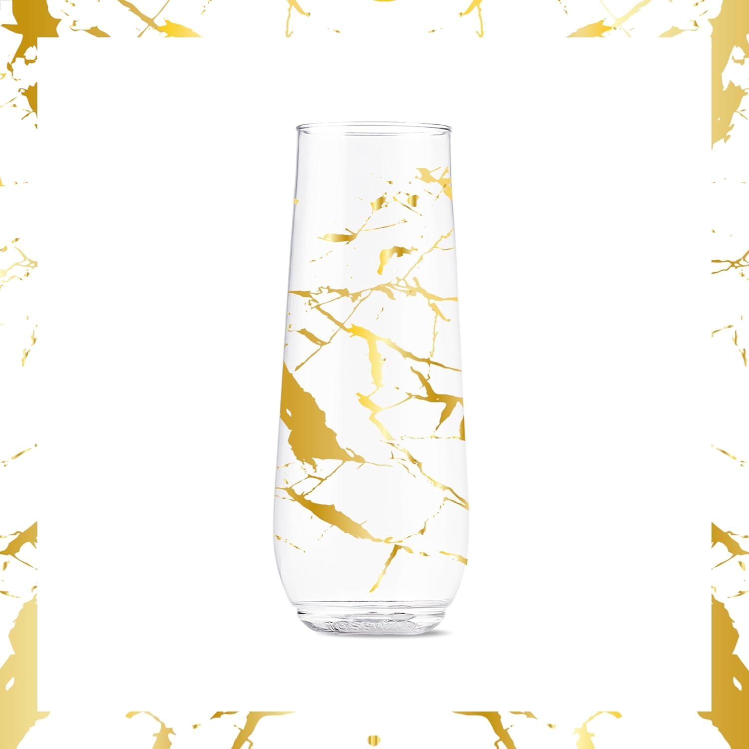 imageTOSSWARE POP 9oz Flute Linear Gold Series SET OF 6 Premium Quality Recyclable Unbreakable ampamp Crystal Clear Plastic Printed Champagne GlassesGold Foil Marble