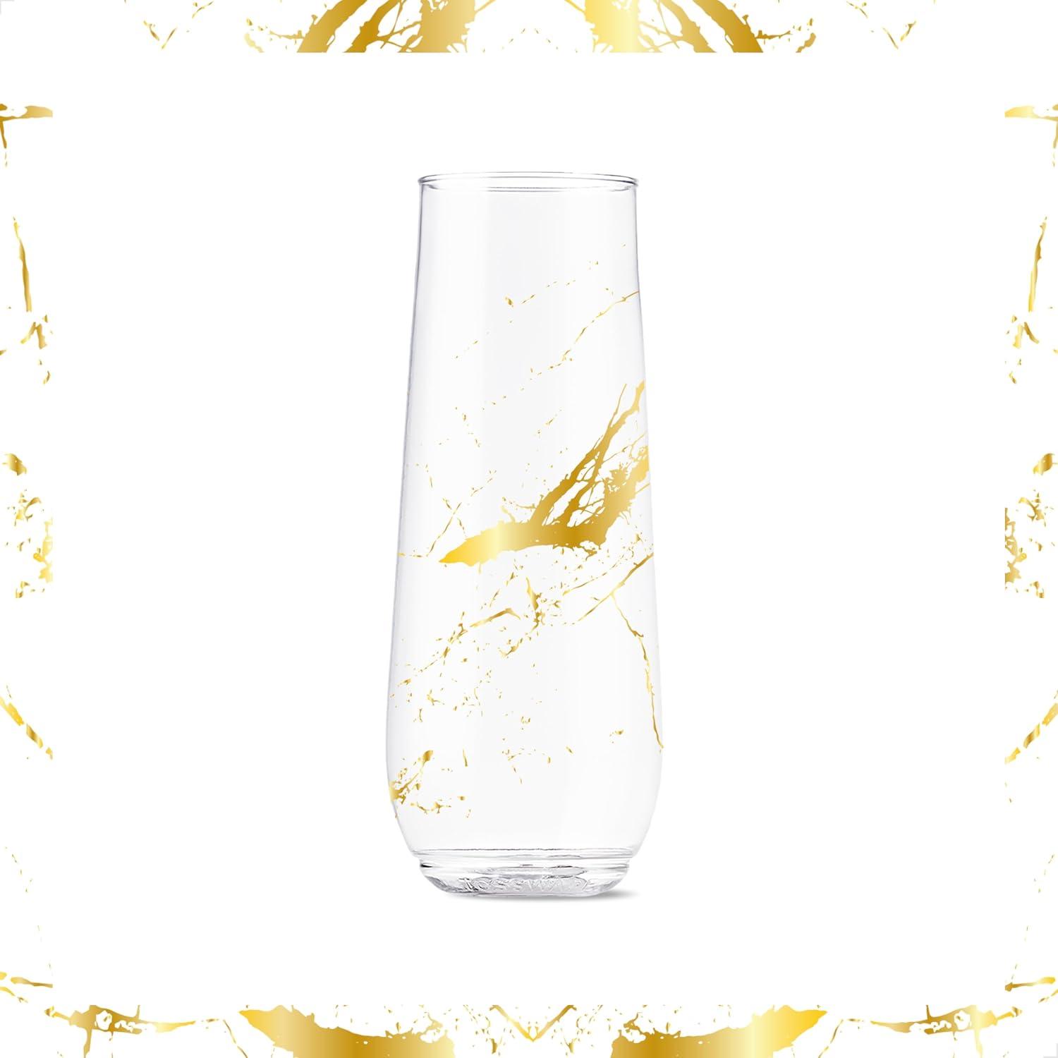 imageTOSSWARE POP 9oz Flute Linear Gold Series SET OF 6 Premium Quality Recyclable Unbreakable ampamp Crystal Clear Plastic Printed Champagne GlassesGold Foil Marble