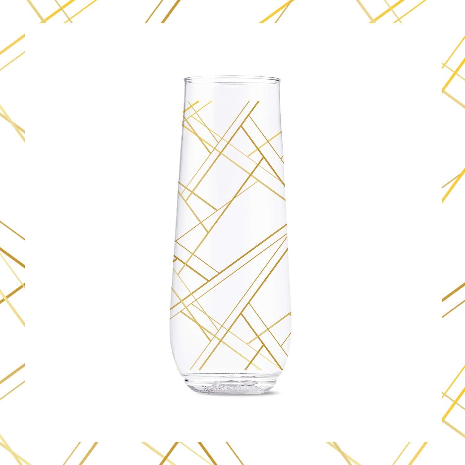 imageTOSSWARE POP 9oz Flute Linear Gold Series SET OF 6 Premium Quality Recyclable Unbreakable ampamp Crystal Clear Plastic Printed Champagne GlassesLinear Gold