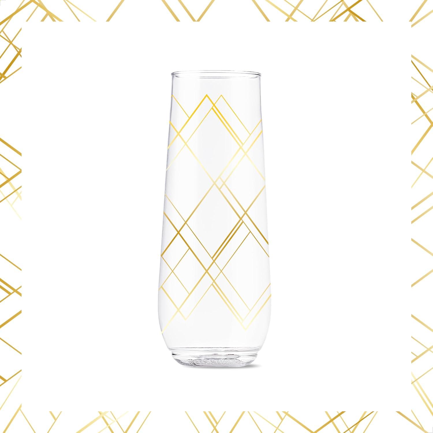 imageTOSSWARE POP 9oz Flute Linear Gold Series SET OF 6 Premium Quality Recyclable Unbreakable ampamp Crystal Clear Plastic Printed Champagne GlassesLinear Gold