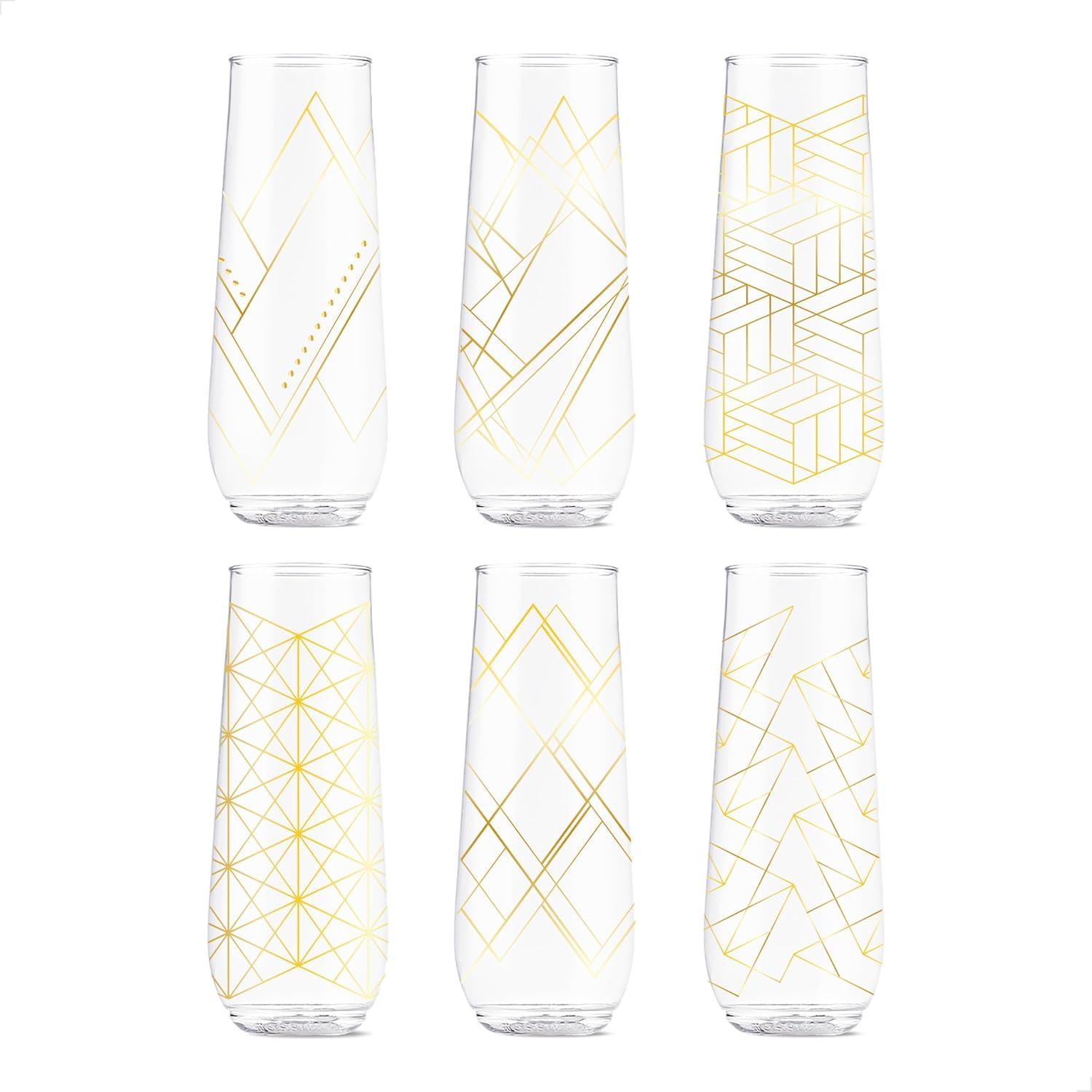imageTOSSWARE POP 9oz Flute Linear Gold Series SET OF 6 Premium Quality Recyclable Unbreakable ampamp Crystal Clear Plastic Printed Champagne GlassesLinear Gold