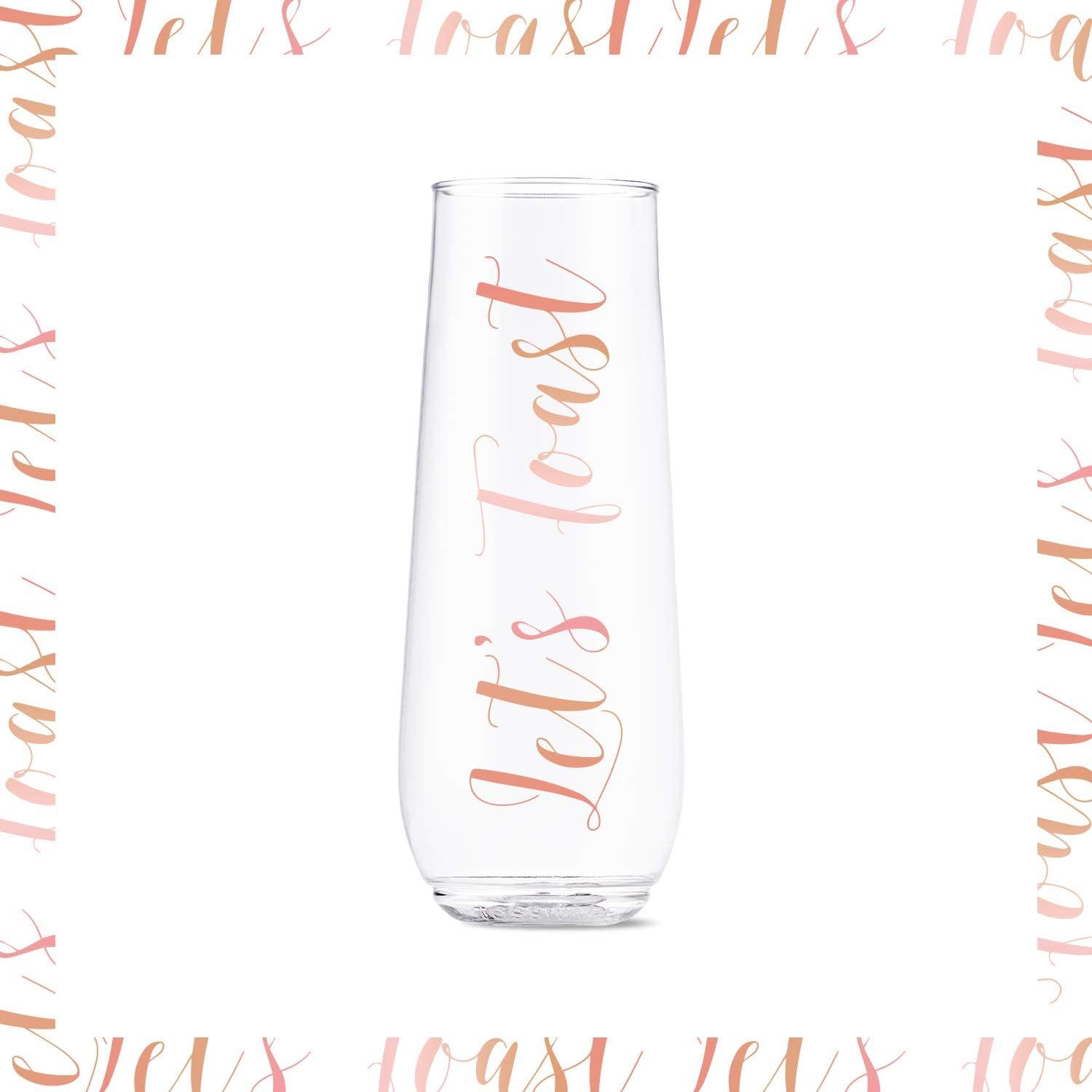 imageTOSSWARE POP 9oz Flute Linear Gold Series SET OF 6 Premium Quality Recyclable Unbreakable ampamp Crystal Clear Plastic Printed Champagne GlassesPink Rose Toast