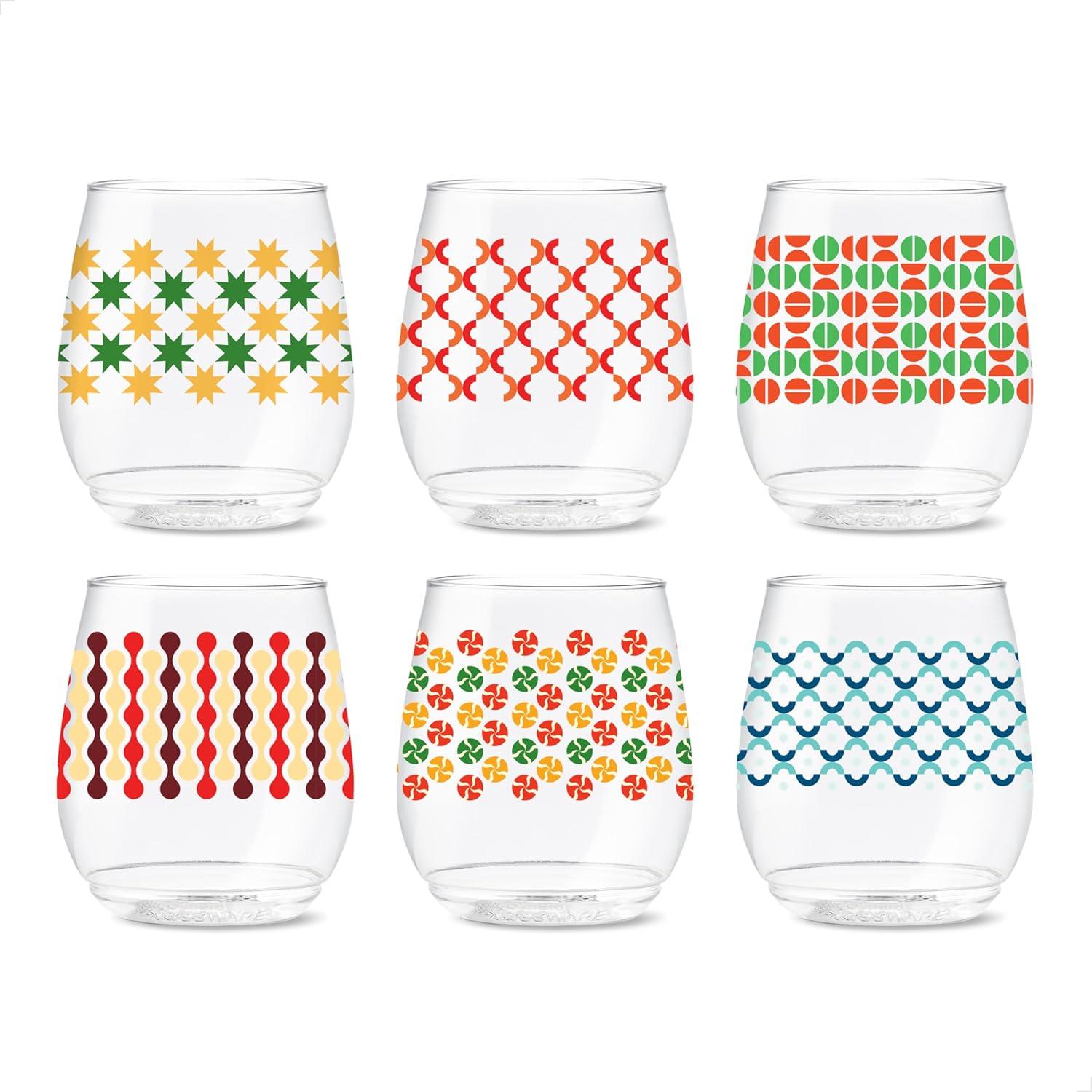 imageTOSSWARE POP 9oz Flute MidCentury Retro Series SET OF 6 Premium Quality Recyclable Unbreakable ampamp Crystal Clear Plastic Printed GlassesAbstract Christmas Pattern
