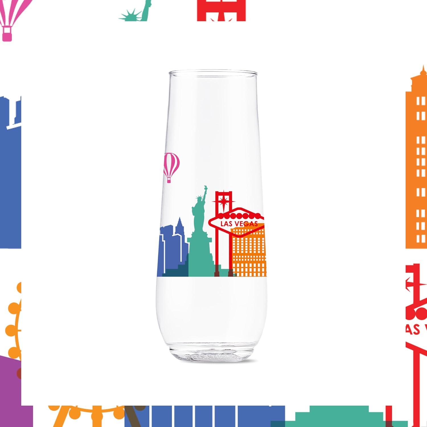 imageTOSSWARE POP 9oz Flute MidCentury Retro Series SET OF 6 Premium Quality Recyclable Unbreakable ampamp Crystal Clear Plastic Printed GlassesAmerican Skylines
