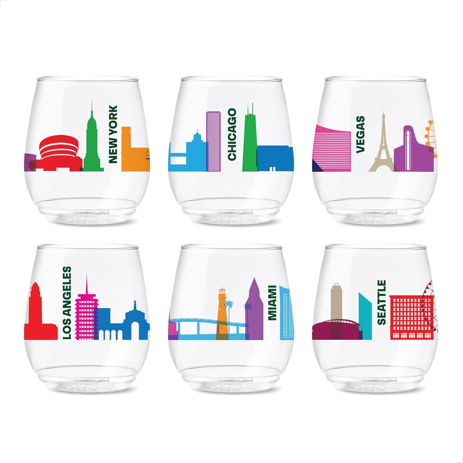 imageTOSSWARE POP 9oz Flute MidCentury Retro Series SET OF 6 Premium Quality Recyclable Unbreakable ampamp Crystal Clear Plastic Printed GlassesAmerican Skylines