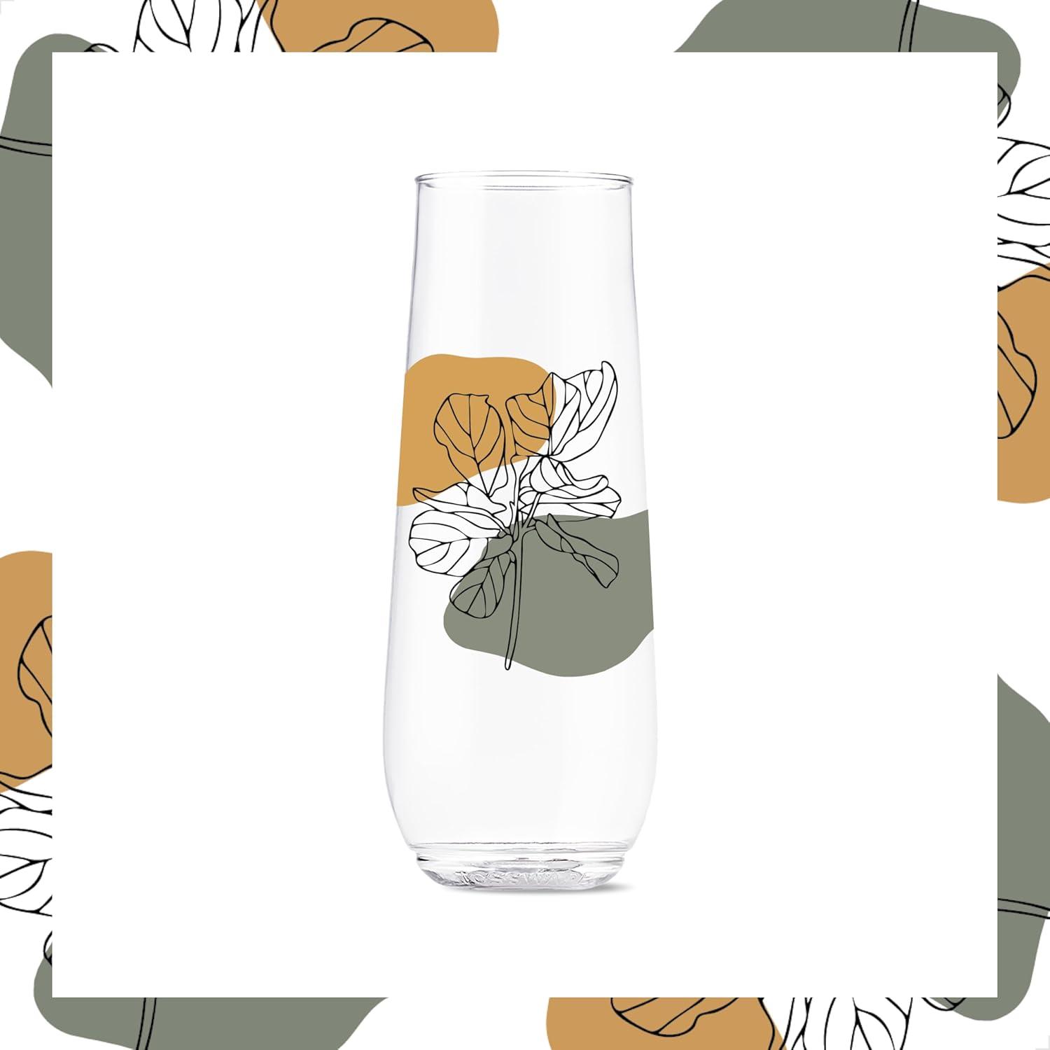 imageTOSSWARE POP 9oz Flute MidCentury Retro Series SET OF 6 Premium Quality Recyclable Unbreakable ampamp Crystal Clear Plastic Printed GlassesBotanical Linework