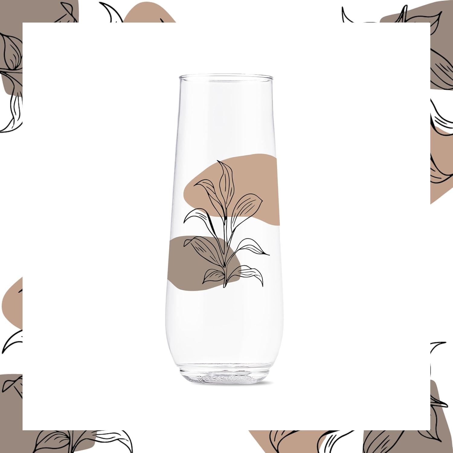 imageTOSSWARE POP 9oz Flute MidCentury Retro Series SET OF 6 Premium Quality Recyclable Unbreakable ampamp Crystal Clear Plastic Printed GlassesBotanical Linework