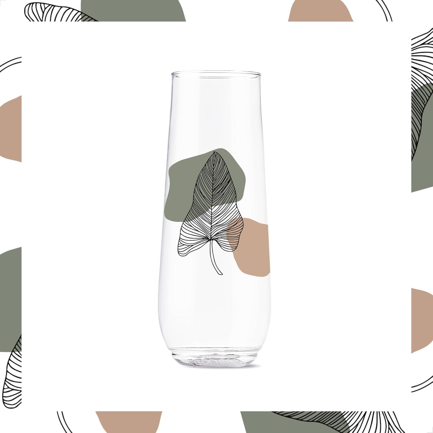 imageTOSSWARE POP 9oz Flute MidCentury Retro Series SET OF 6 Premium Quality Recyclable Unbreakable ampamp Crystal Clear Plastic Printed GlassesBotanical Linework