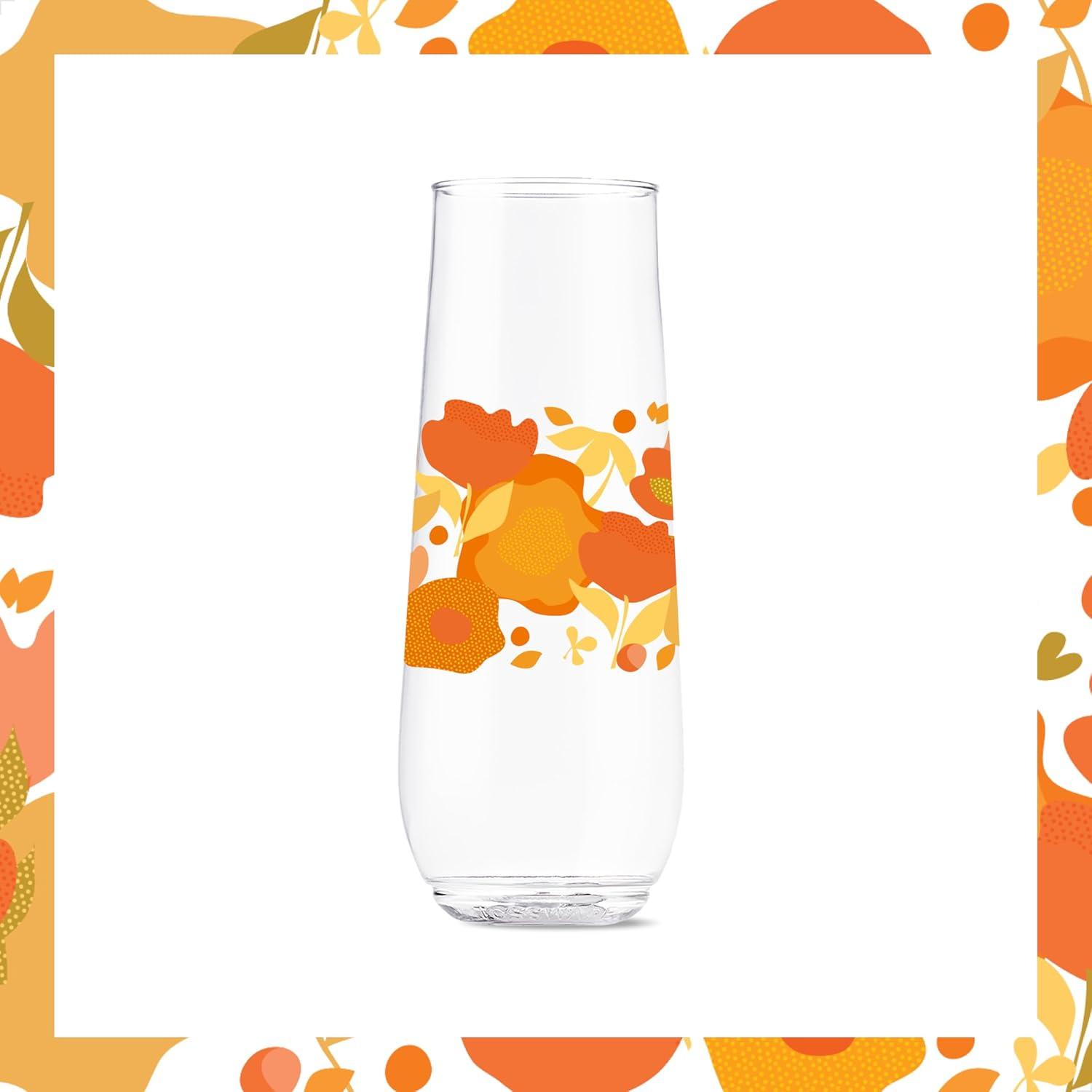imageTOSSWARE POP 9oz Flute MidCentury Retro Series SET OF 6 Premium Quality Recyclable Unbreakable ampamp Crystal Clear Plastic Printed GlassesCrimson Blooms