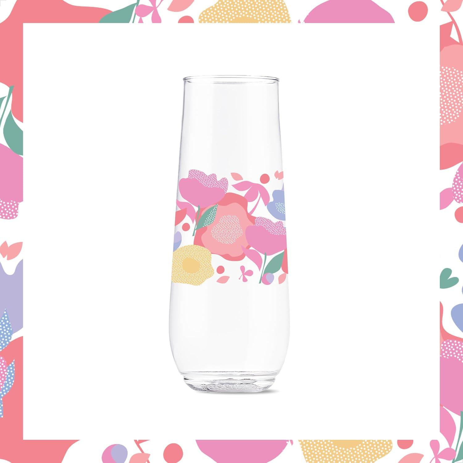 imageTOSSWARE POP 9oz Flute MidCentury Retro Series SET OF 6 Premium Quality Recyclable Unbreakable ampamp Crystal Clear Plastic Printed GlassesCrimson Blooms