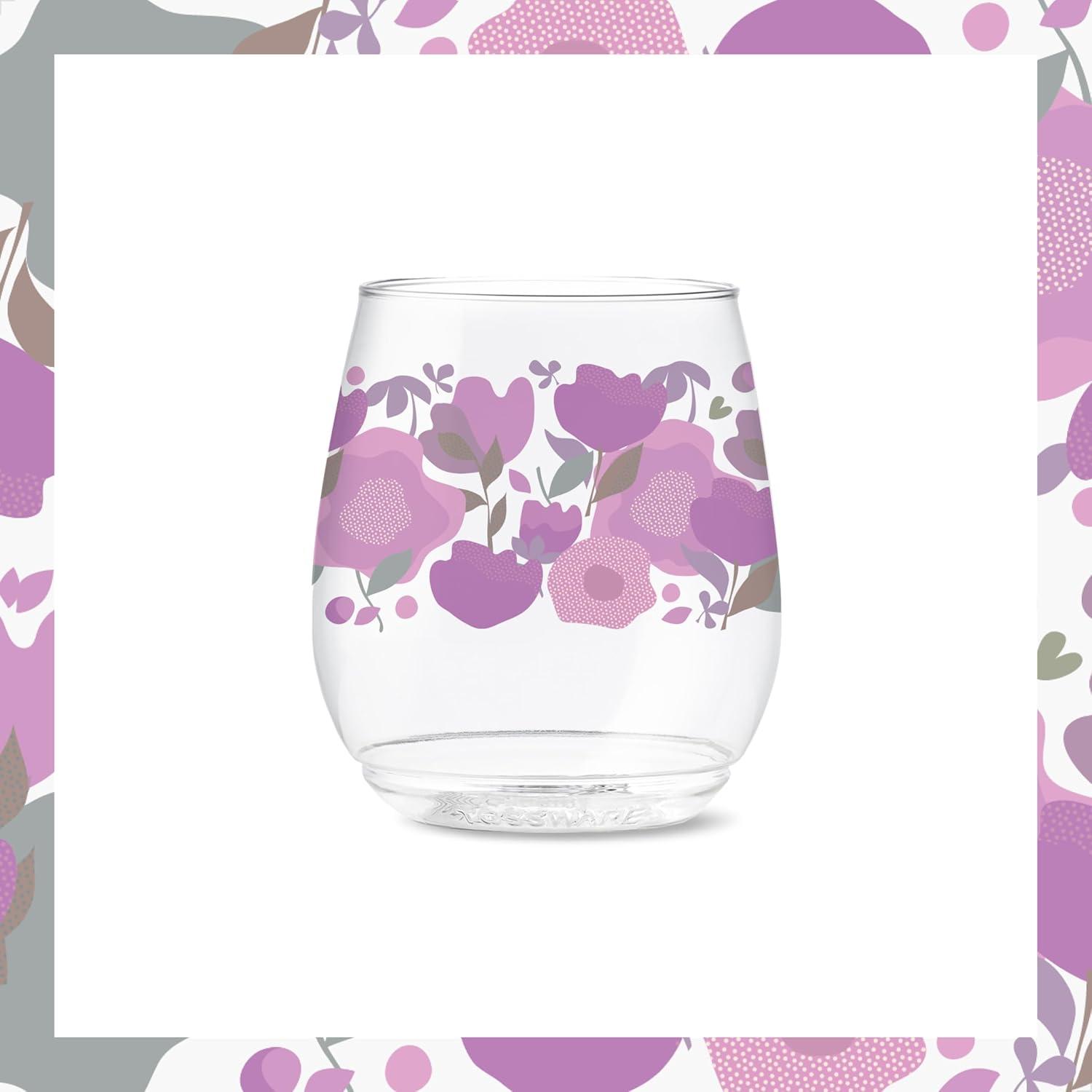 imageTOSSWARE POP 9oz Flute MidCentury Retro Series SET OF 6 Premium Quality Recyclable Unbreakable ampamp Crystal Clear Plastic Printed GlassesCrimson Blooms