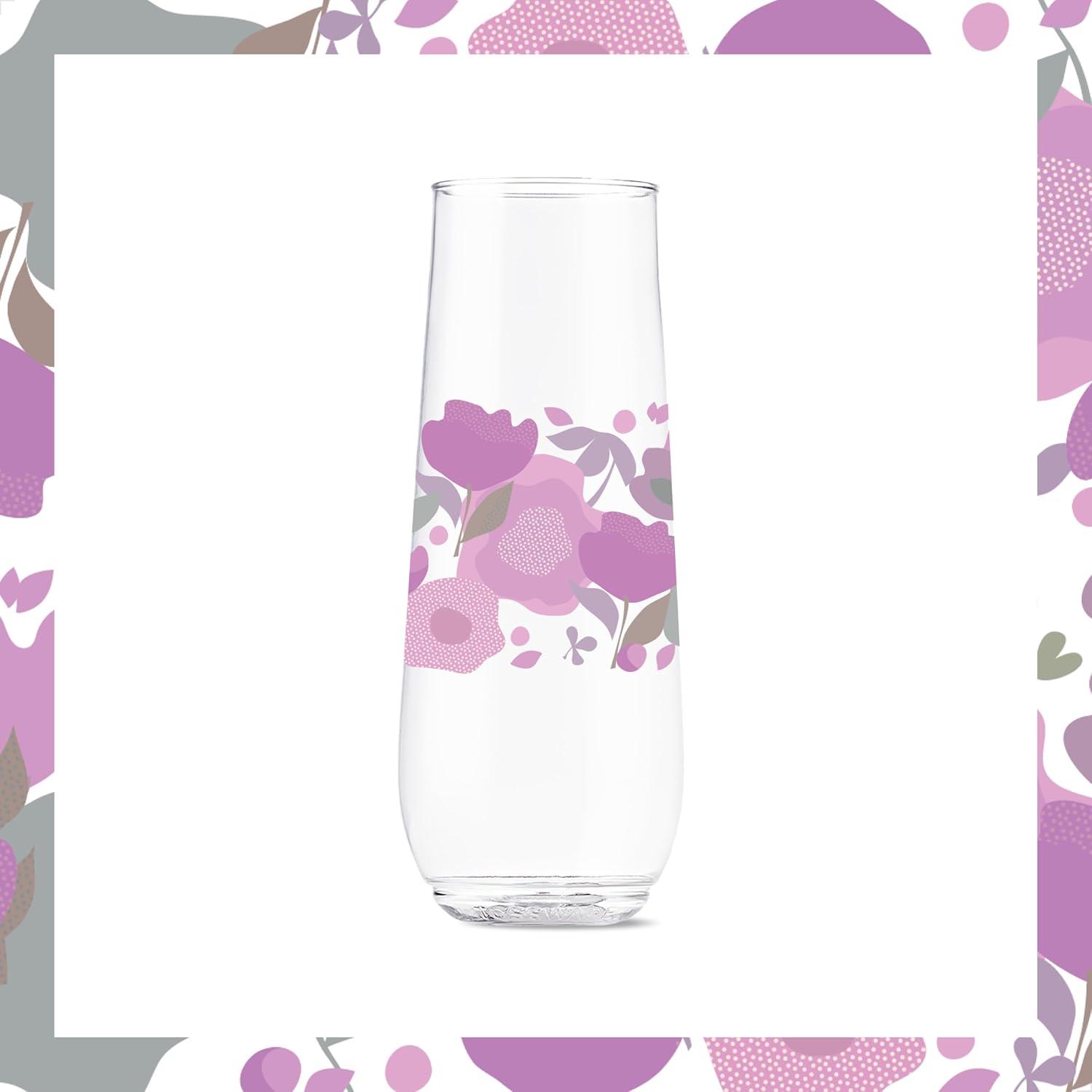 imageTOSSWARE POP 9oz Flute MidCentury Retro Series SET OF 6 Premium Quality Recyclable Unbreakable ampamp Crystal Clear Plastic Printed GlassesCrimson Blooms