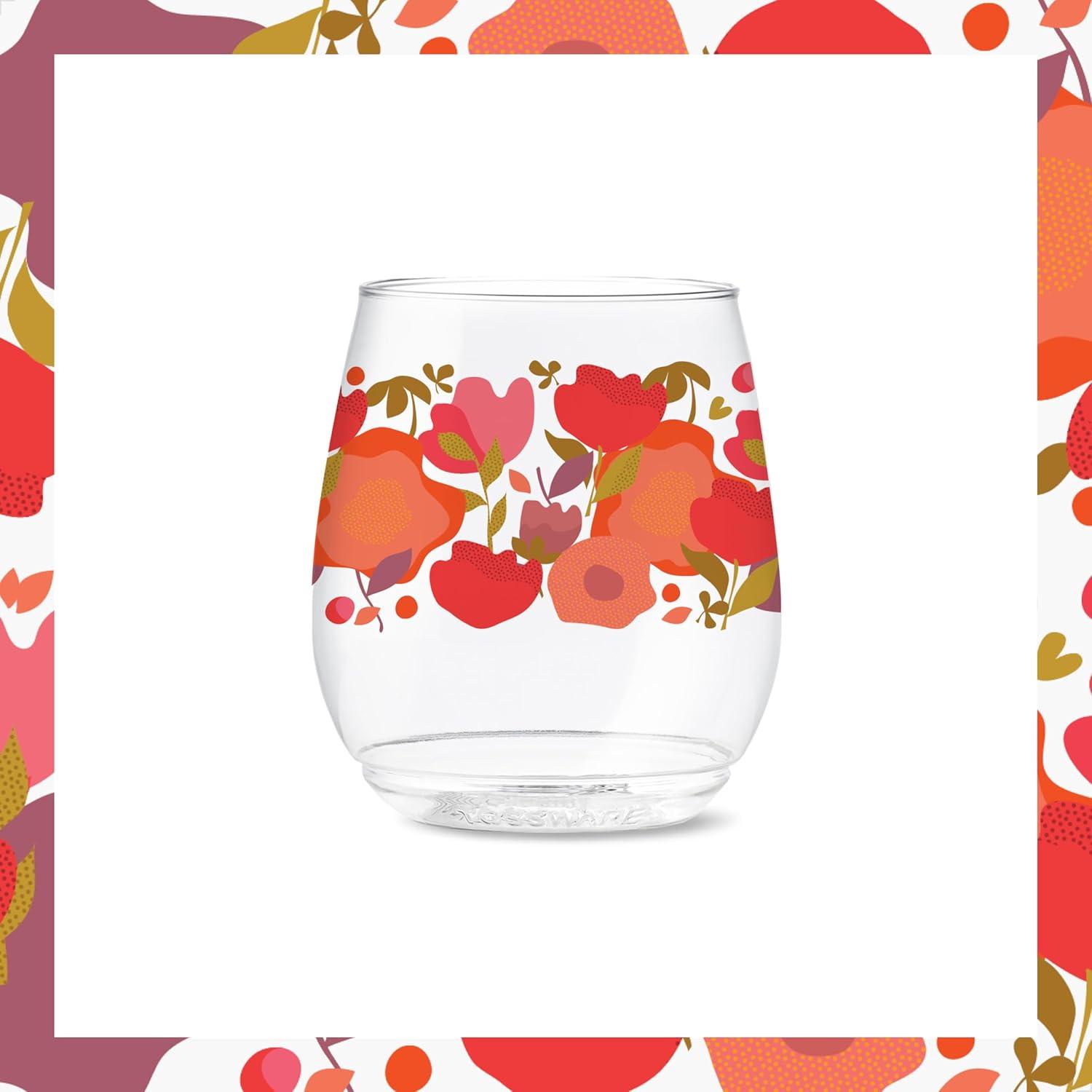 imageTOSSWARE POP 9oz Flute MidCentury Retro Series SET OF 6 Premium Quality Recyclable Unbreakable ampamp Crystal Clear Plastic Printed GlassesCrimson Blooms