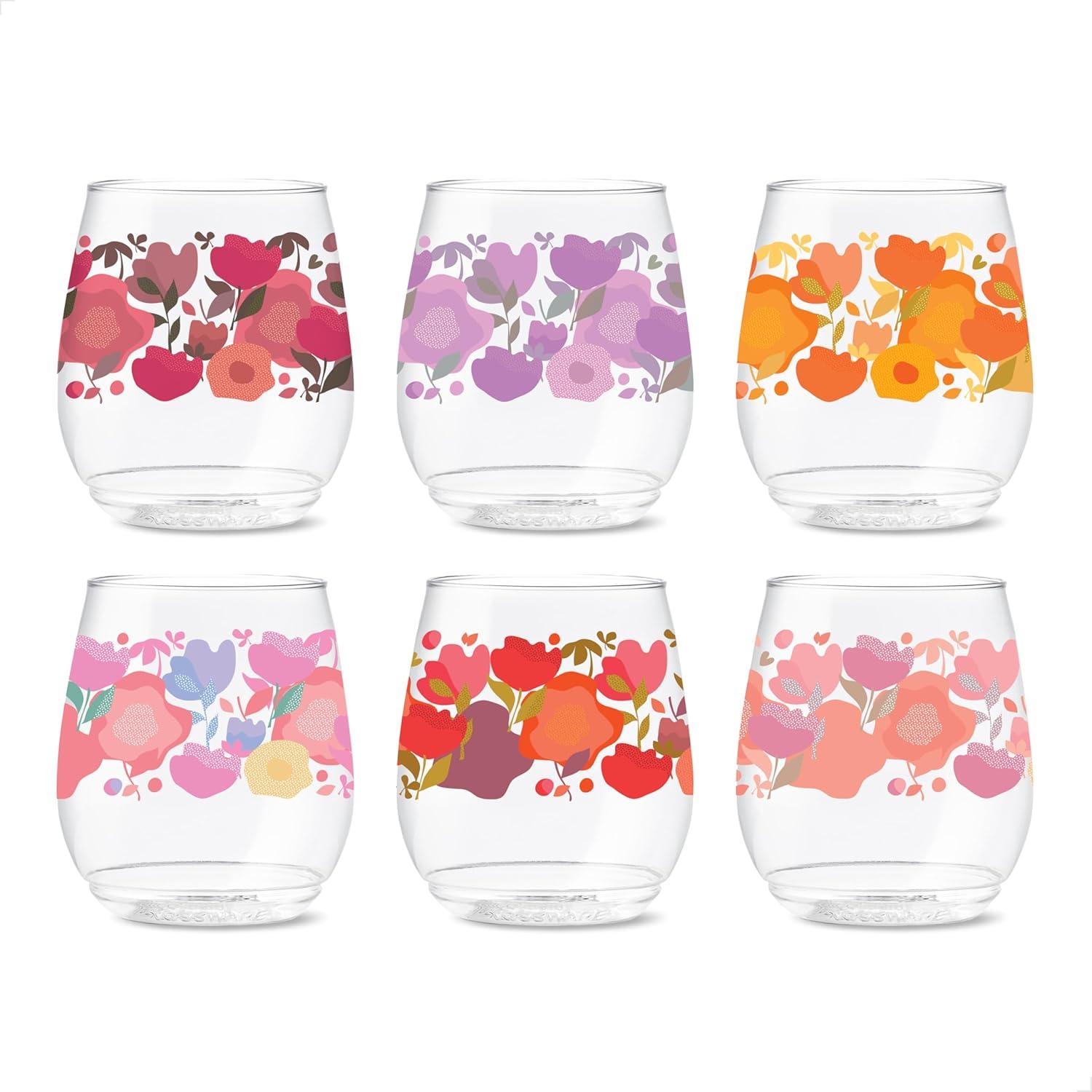 imageTOSSWARE POP 9oz Flute MidCentury Retro Series SET OF 6 Premium Quality Recyclable Unbreakable ampamp Crystal Clear Plastic Printed GlassesCrimson Blooms
