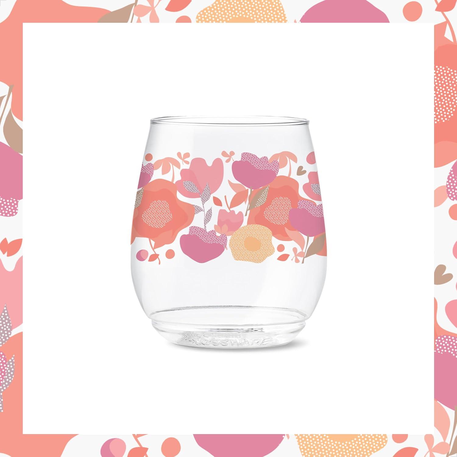 imageTOSSWARE POP 9oz Flute MidCentury Retro Series SET OF 6 Premium Quality Recyclable Unbreakable ampamp Crystal Clear Plastic Printed GlassesCrimson Blooms