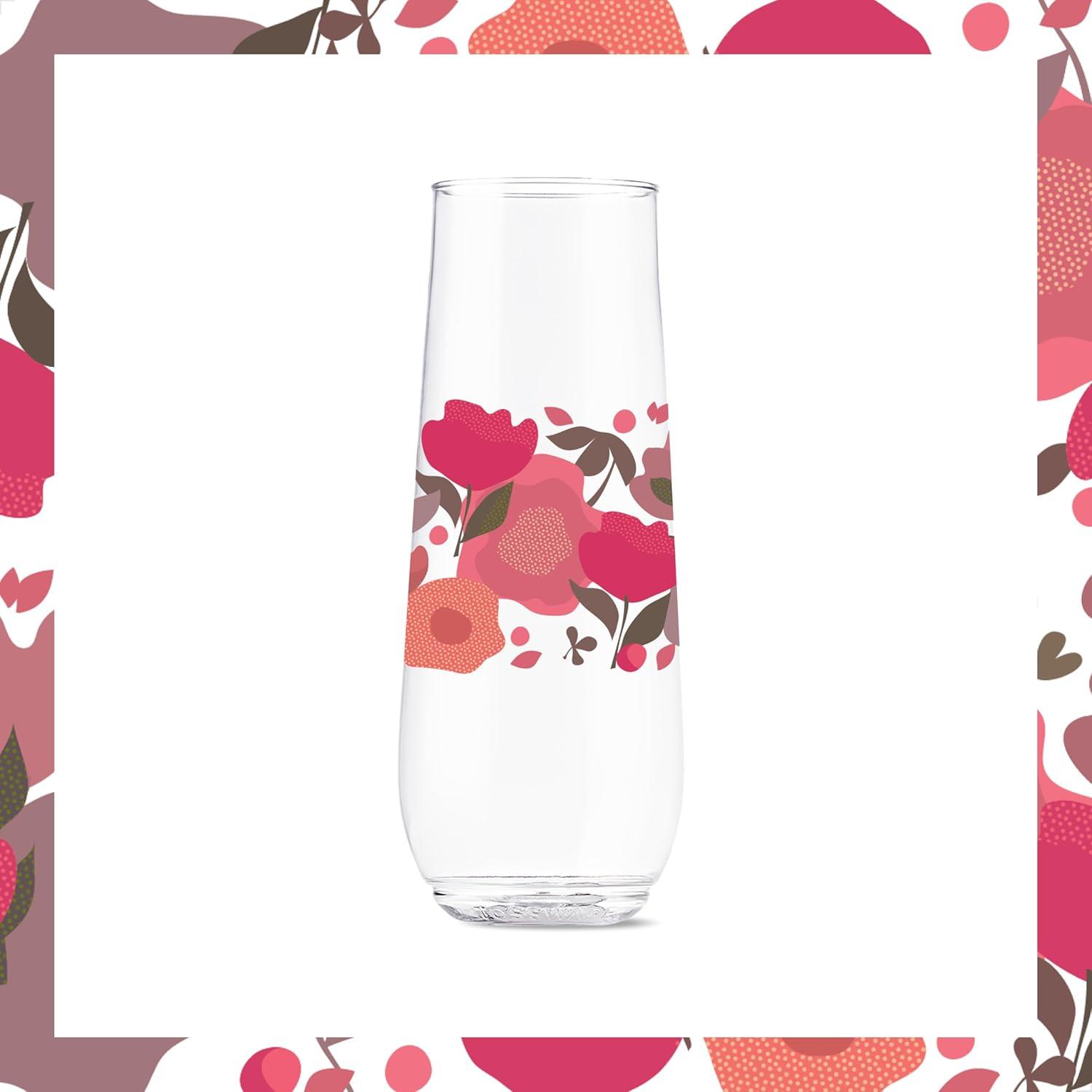 imageTOSSWARE POP 9oz Flute MidCentury Retro Series SET OF 6 Premium Quality Recyclable Unbreakable ampamp Crystal Clear Plastic Printed GlassesCrimson Blooms