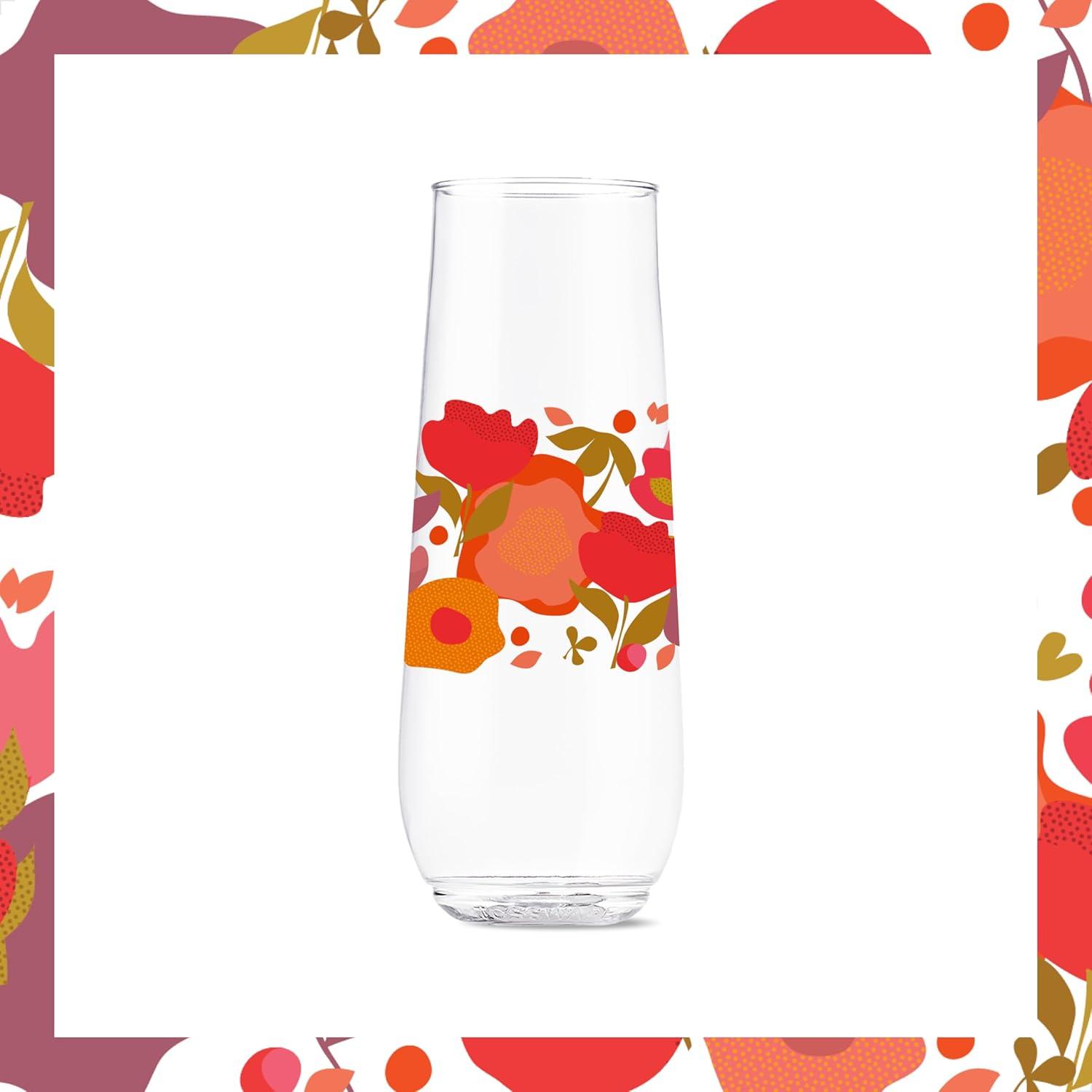 imageTOSSWARE POP 9oz Flute MidCentury Retro Series SET OF 6 Premium Quality Recyclable Unbreakable ampamp Crystal Clear Plastic Printed GlassesCrimson Blooms