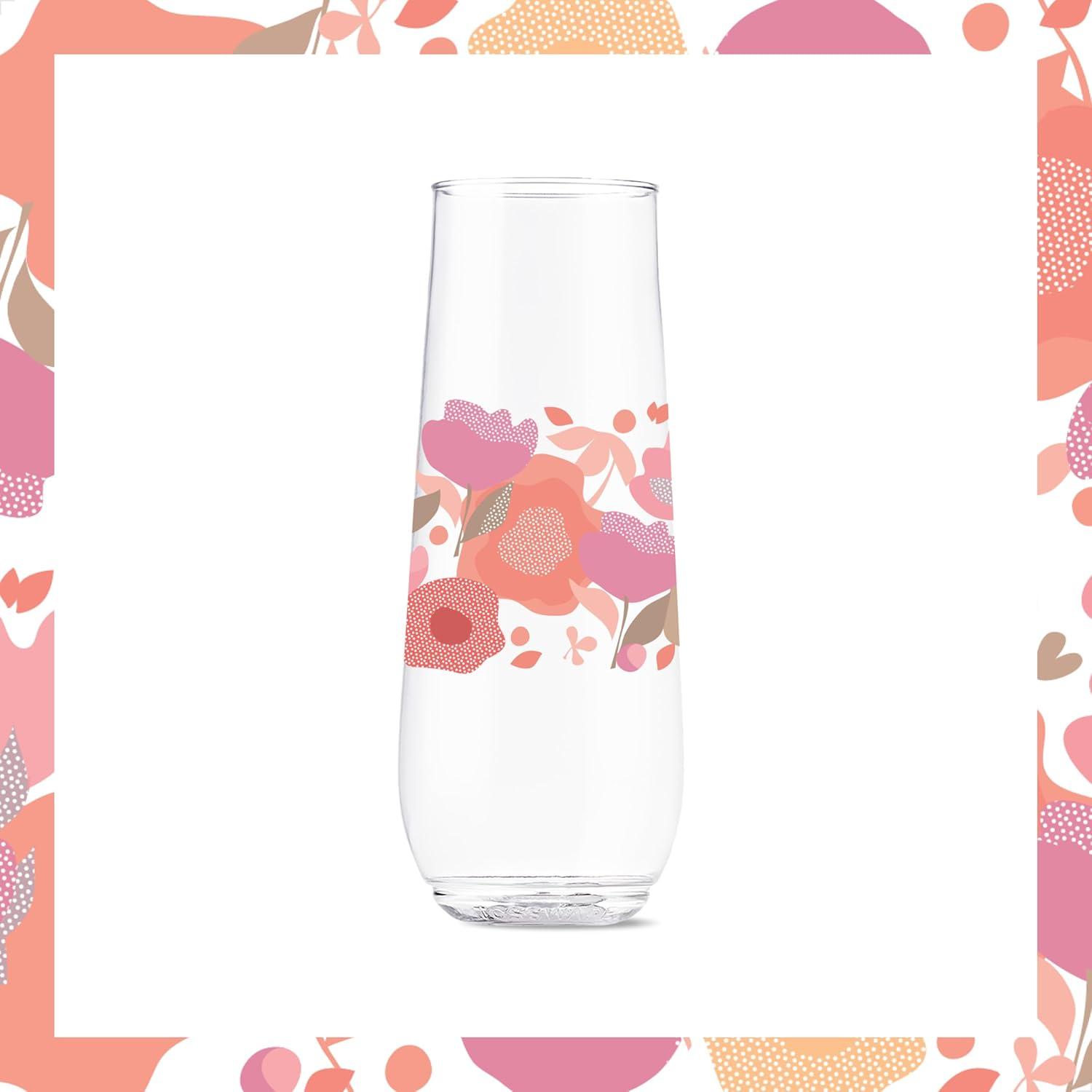 imageTOSSWARE POP 9oz Flute MidCentury Retro Series SET OF 6 Premium Quality Recyclable Unbreakable ampamp Crystal Clear Plastic Printed GlassesCrimson Blooms
