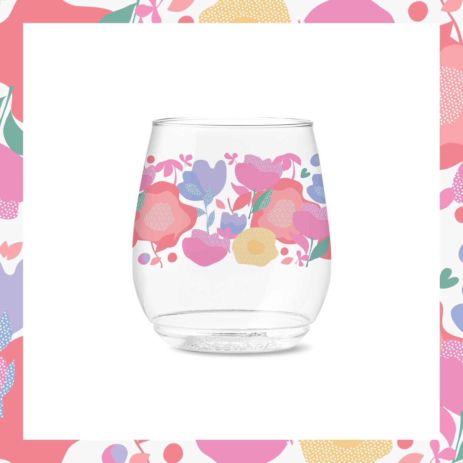 imageTOSSWARE POP 9oz Flute MidCentury Retro Series SET OF 6 Premium Quality Recyclable Unbreakable ampamp Crystal Clear Plastic Printed GlassesCrimson Blooms