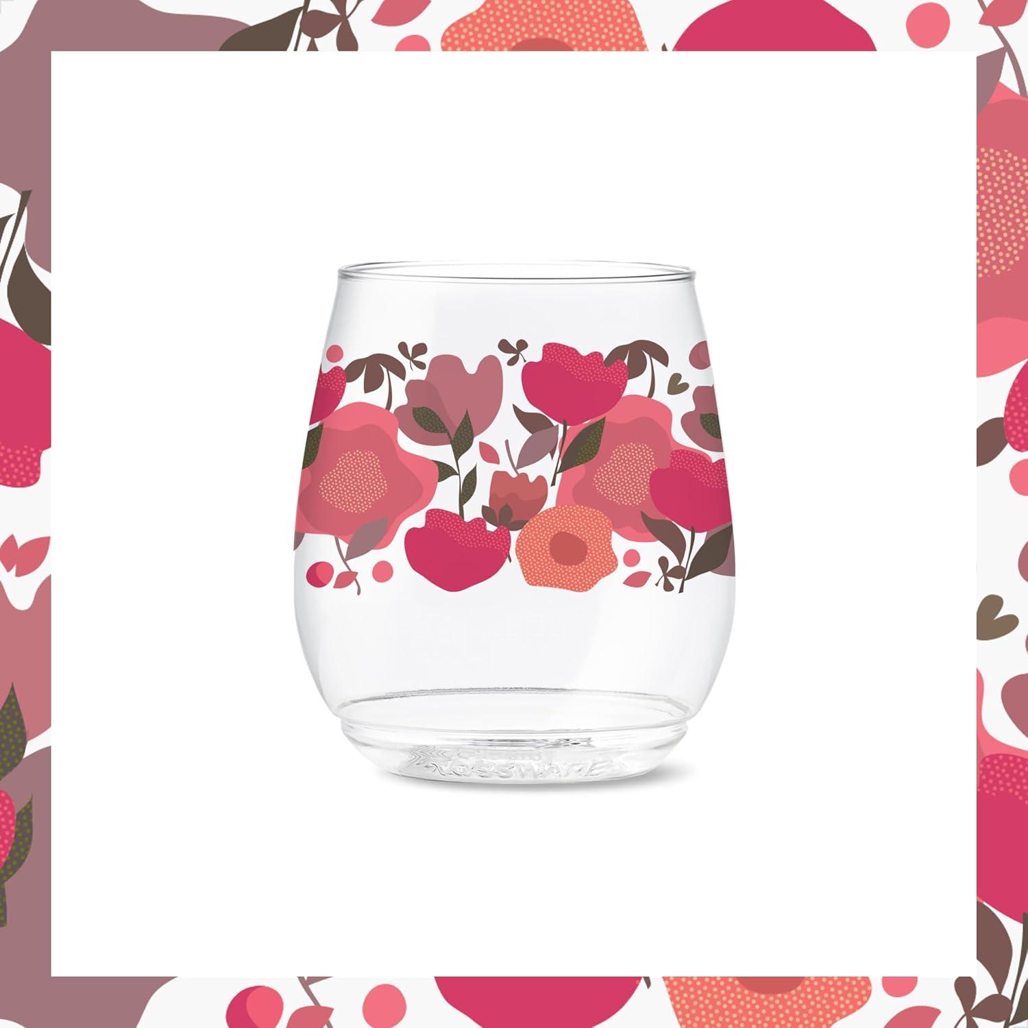 imageTOSSWARE POP 9oz Flute MidCentury Retro Series SET OF 6 Premium Quality Recyclable Unbreakable ampamp Crystal Clear Plastic Printed GlassesCrimson Blooms