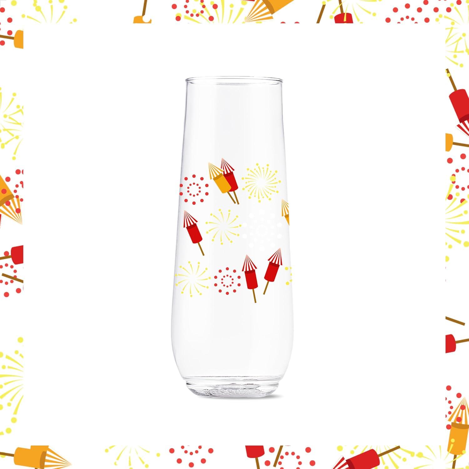 imageTOSSWARE POP 9oz Flute MidCentury Retro Series SET OF 6 Premium Quality Recyclable Unbreakable ampamp Crystal Clear Plastic Printed GlassesFestive Bliss