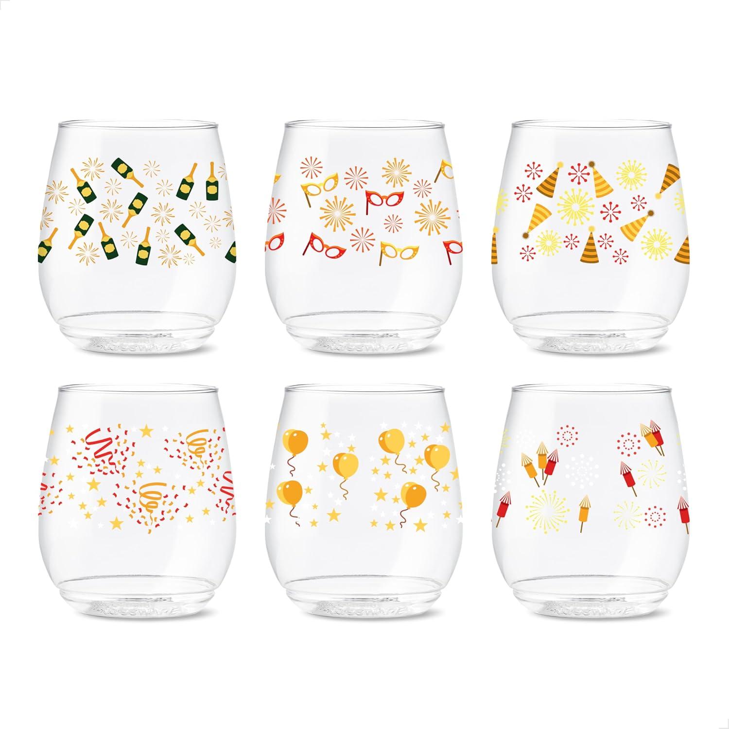 imageTOSSWARE POP 9oz Flute MidCentury Retro Series SET OF 6 Premium Quality Recyclable Unbreakable ampamp Crystal Clear Plastic Printed GlassesFestive Bliss