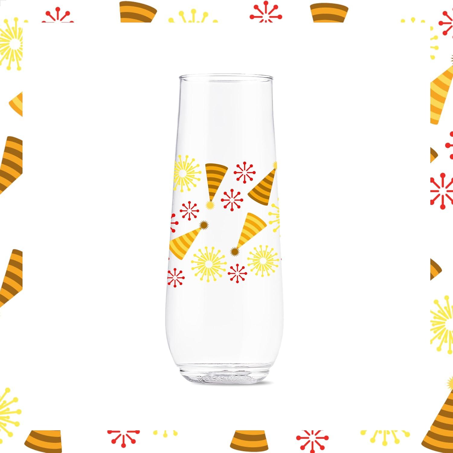 imageTOSSWARE POP 9oz Flute MidCentury Retro Series SET OF 6 Premium Quality Recyclable Unbreakable ampamp Crystal Clear Plastic Printed GlassesFestive Bliss