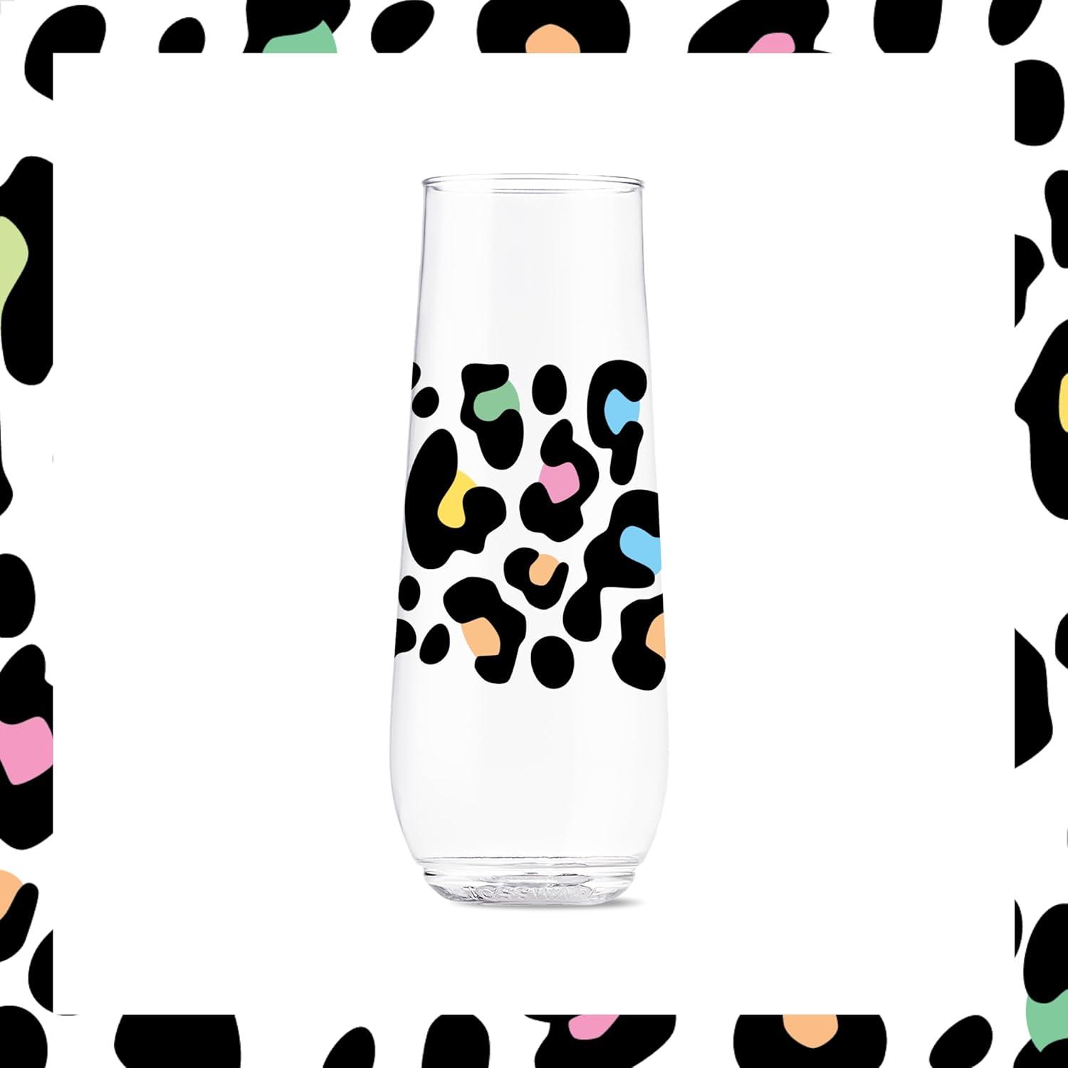 imageTOSSWARE POP 9oz Flute MidCentury Retro Series SET OF 6 Premium Quality Recyclable Unbreakable ampamp Crystal Clear Plastic Printed GlassesLeopard