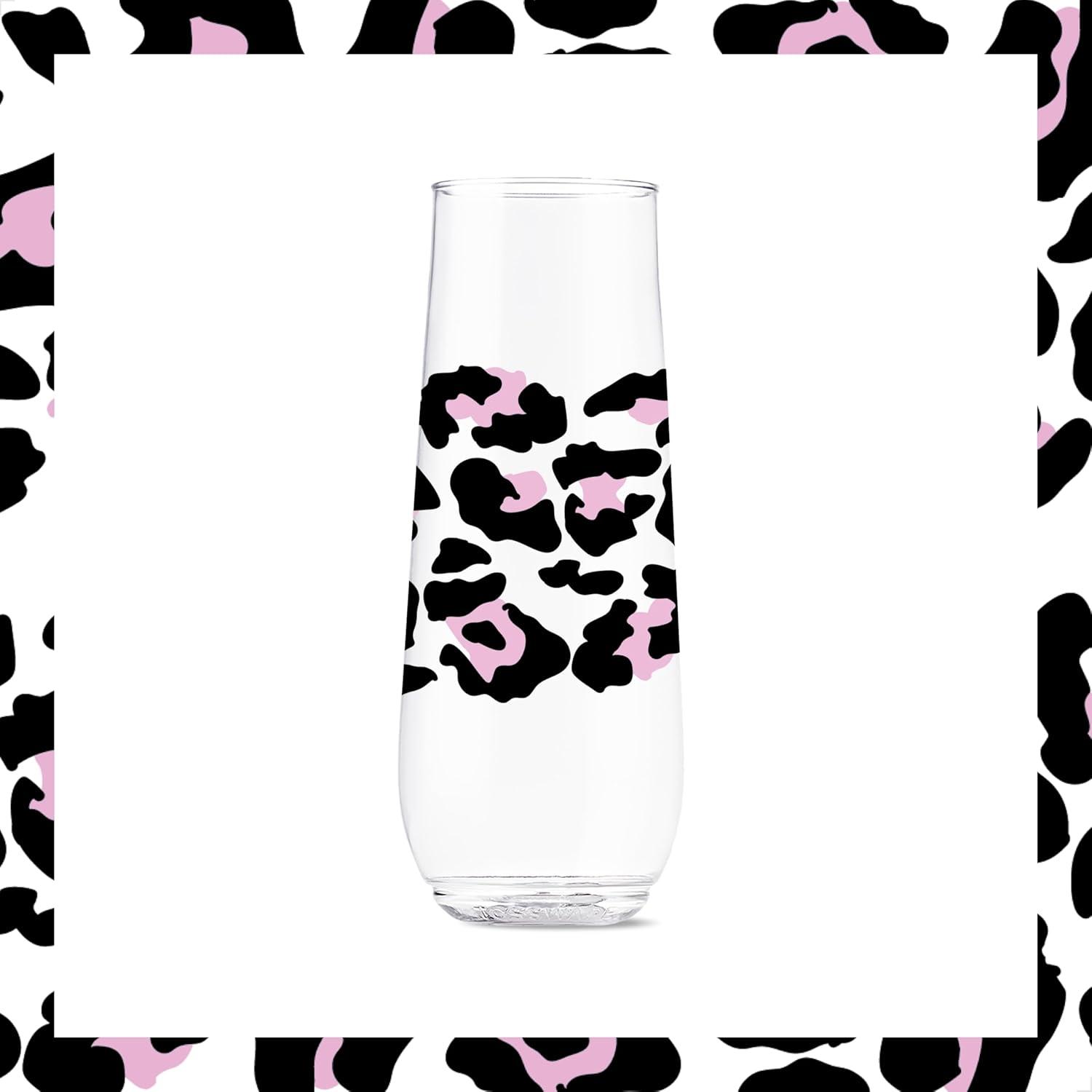 imageTOSSWARE POP 9oz Flute MidCentury Retro Series SET OF 6 Premium Quality Recyclable Unbreakable ampamp Crystal Clear Plastic Printed GlassesLeopard