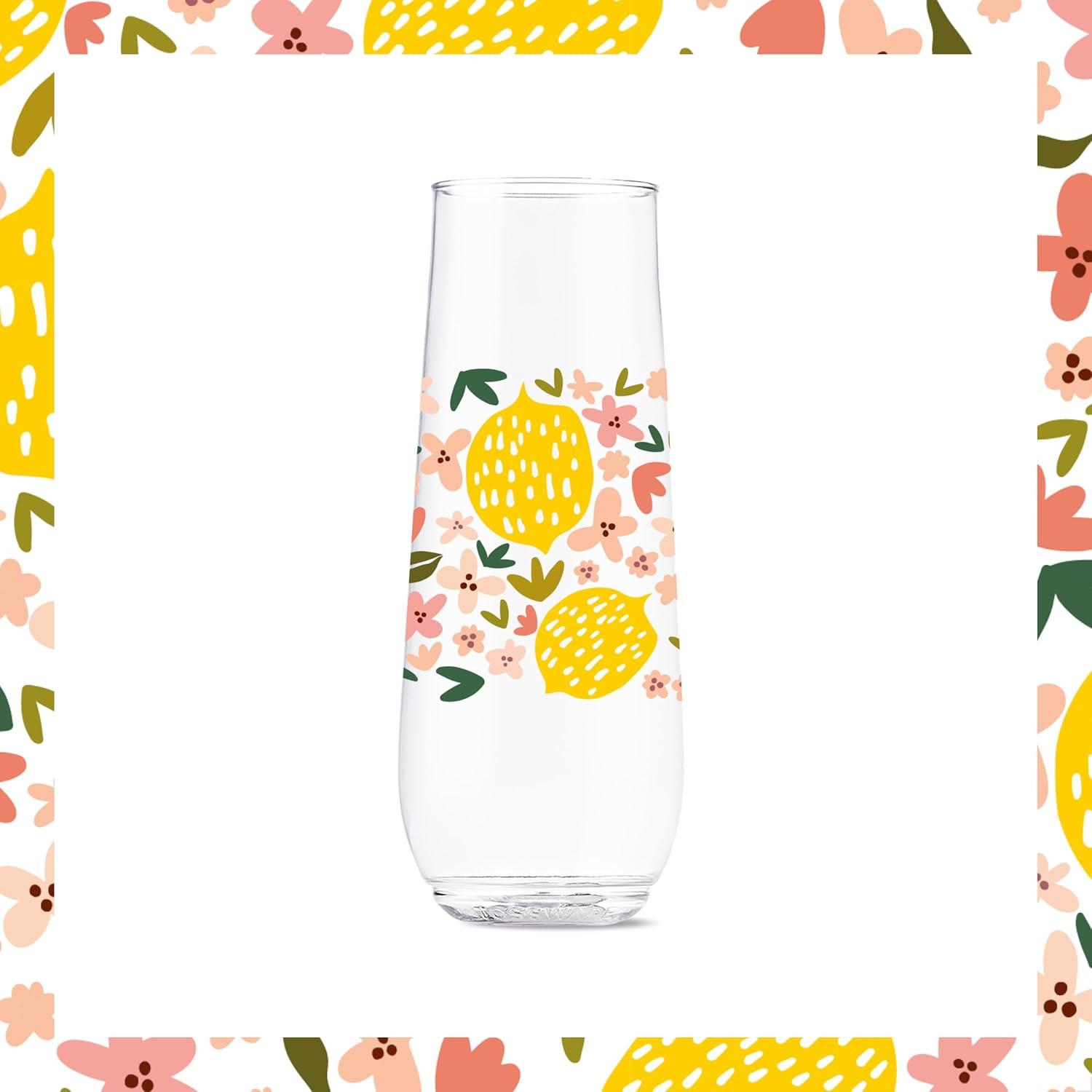 imageTOSSWARE POP 9oz Flute MidCentury Retro Series SET OF 6 Premium Quality Recyclable Unbreakable ampamp Crystal Clear Plastic Printed GlassesLimoncello