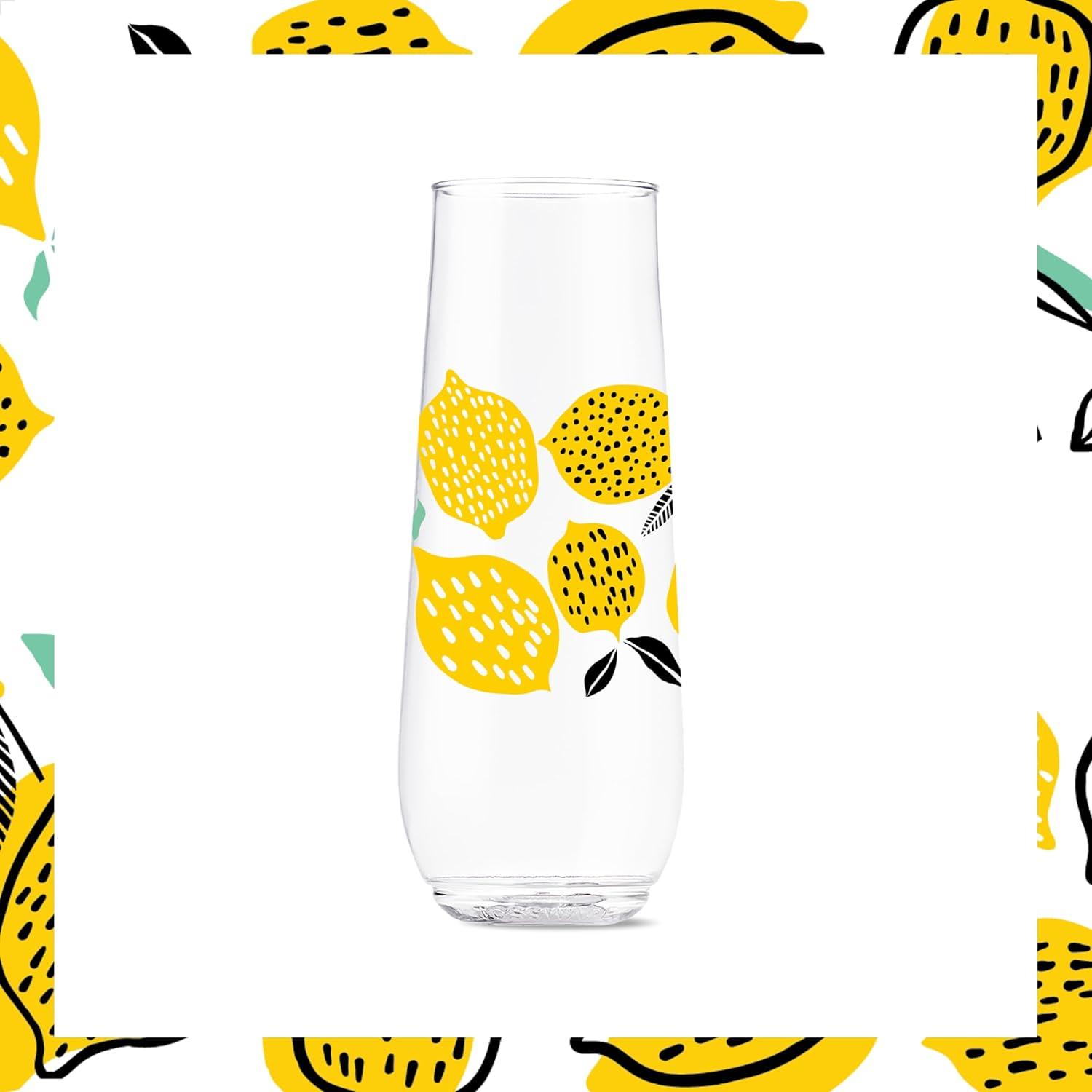 imageTOSSWARE POP 9oz Flute MidCentury Retro Series SET OF 6 Premium Quality Recyclable Unbreakable ampamp Crystal Clear Plastic Printed GlassesLimoncello