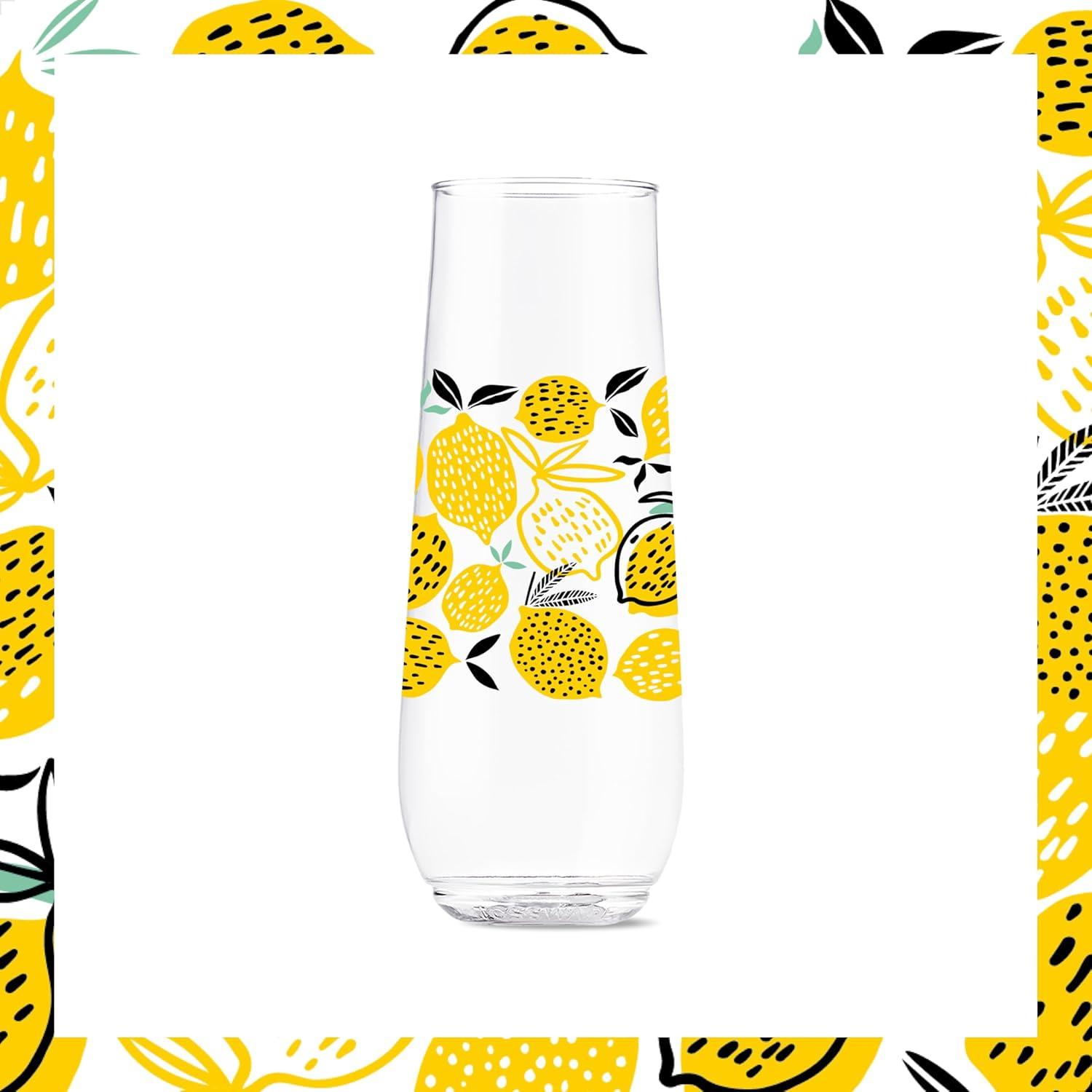 imageTOSSWARE POP 9oz Flute MidCentury Retro Series SET OF 6 Premium Quality Recyclable Unbreakable ampamp Crystal Clear Plastic Printed GlassesLimoncello