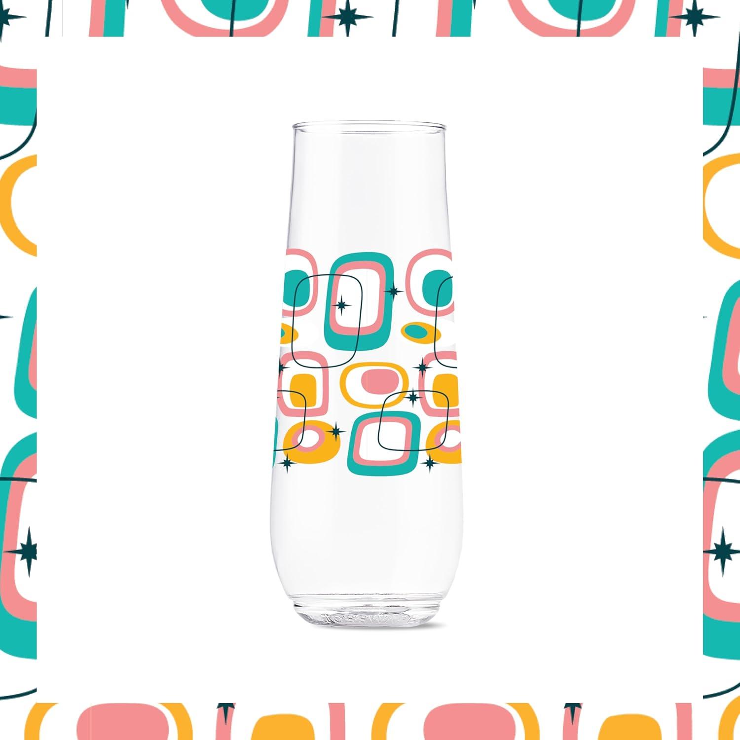 imageTOSSWARE POP 9oz Flute MidCentury Retro Series SET OF 6 Premium Quality Recyclable Unbreakable ampamp Crystal Clear Plastic Printed GlassesMidCentury Retro Pattern