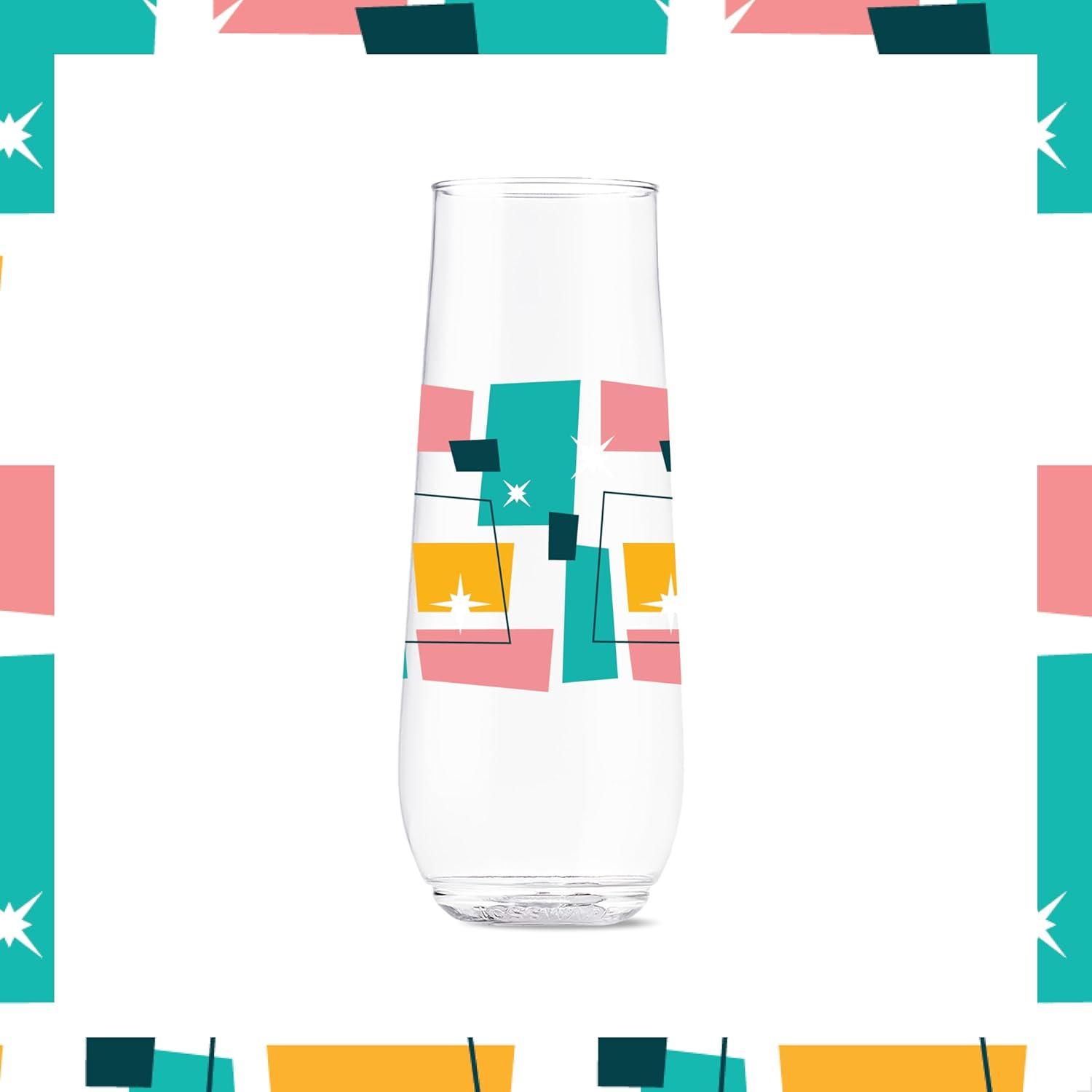 imageTOSSWARE POP 9oz Flute MidCentury Retro Series SET OF 6 Premium Quality Recyclable Unbreakable ampamp Crystal Clear Plastic Printed GlassesMidCentury Retro Pattern