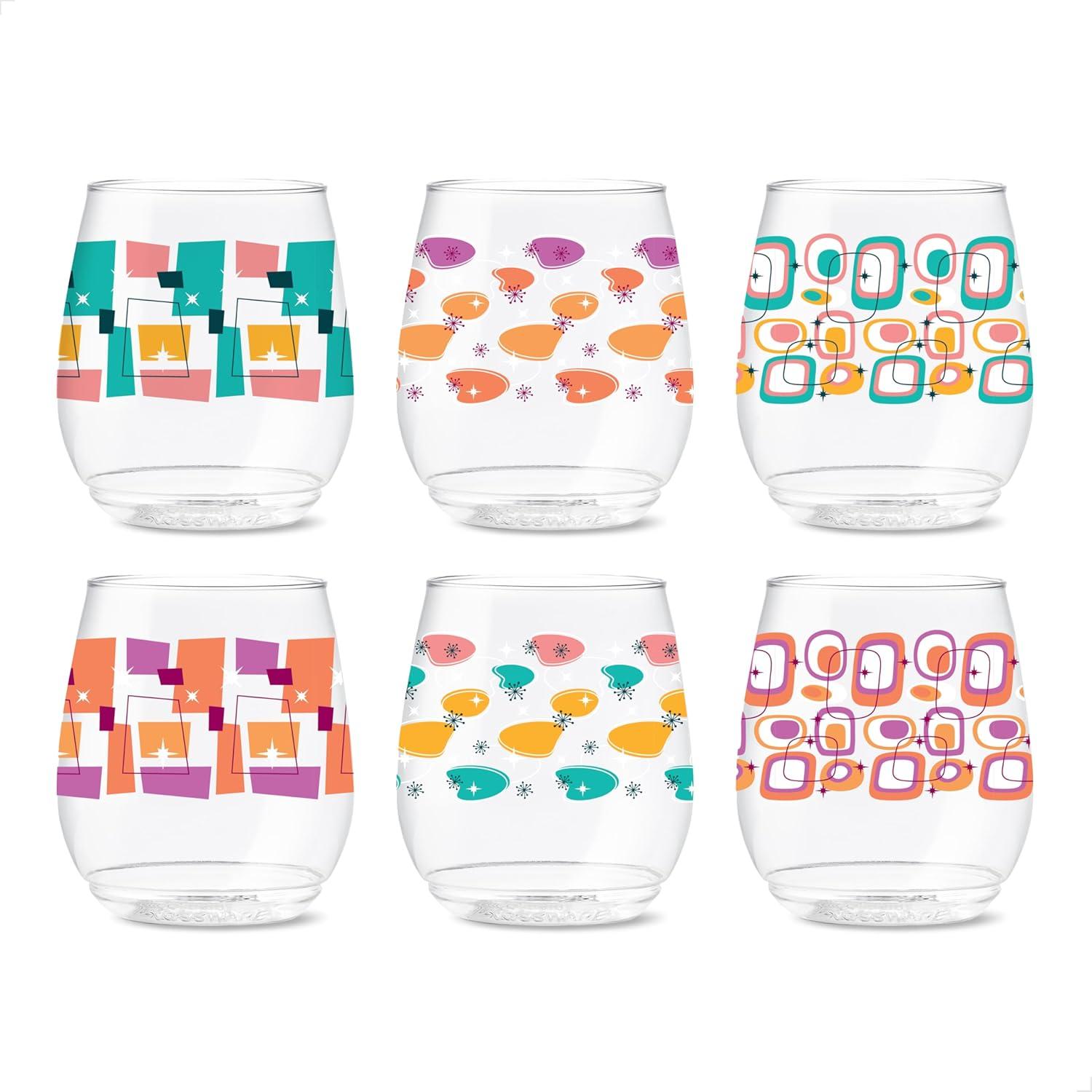imageTOSSWARE POP 9oz Flute MidCentury Retro Series SET OF 6 Premium Quality Recyclable Unbreakable ampamp Crystal Clear Plastic Printed GlassesMidCentury Retro Pattern