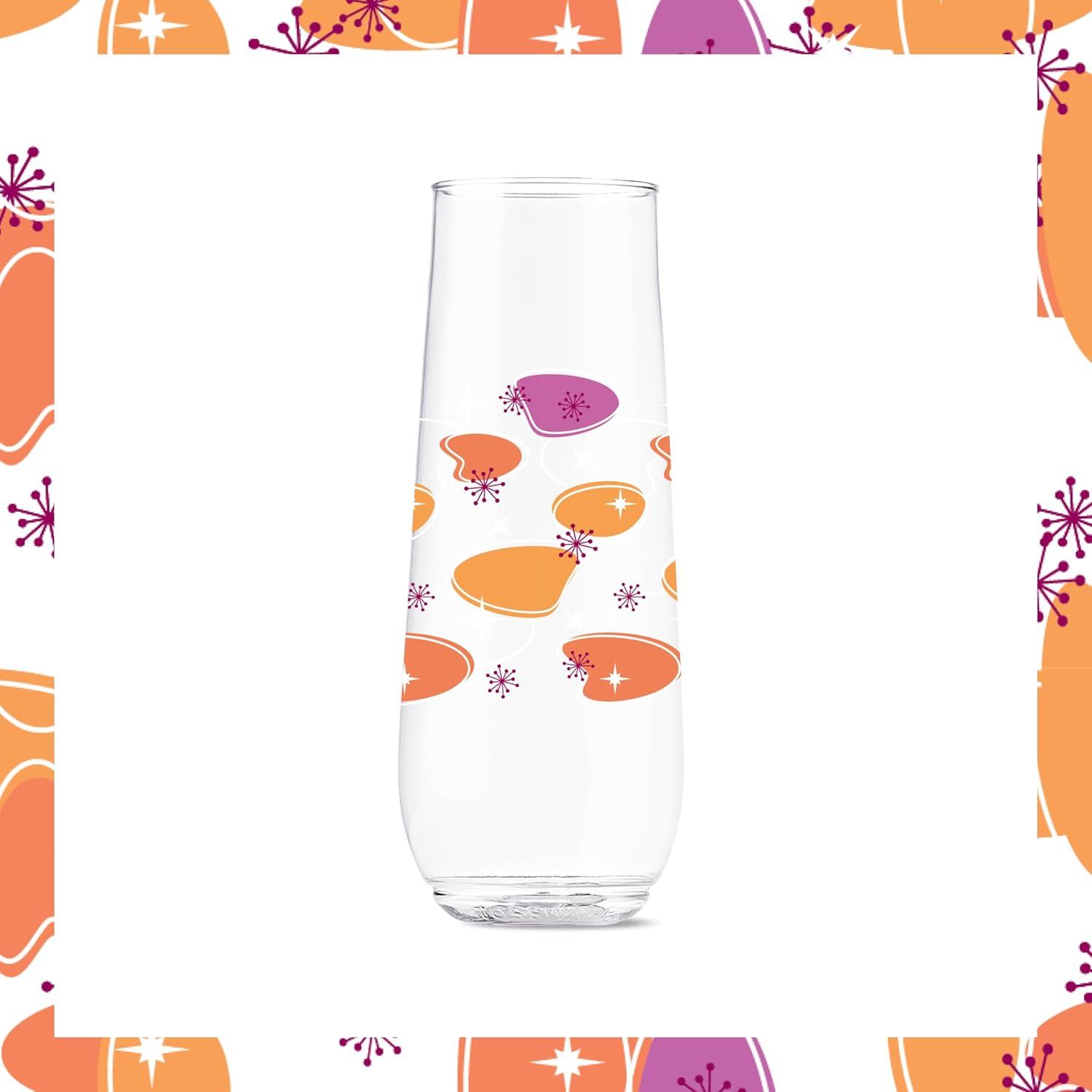 imageTOSSWARE POP 9oz Flute MidCentury Retro Series SET OF 6 Premium Quality Recyclable Unbreakable ampamp Crystal Clear Plastic Printed GlassesMidCentury Retro Pattern