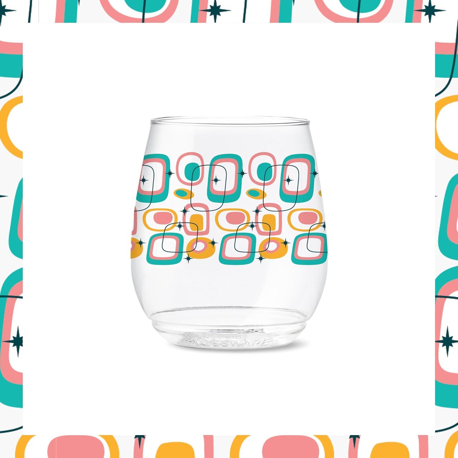 imageTOSSWARE POP 9oz Flute MidCentury Retro Series SET OF 6 Premium Quality Recyclable Unbreakable ampamp Crystal Clear Plastic Printed GlassesMidCentury Retro Pattern