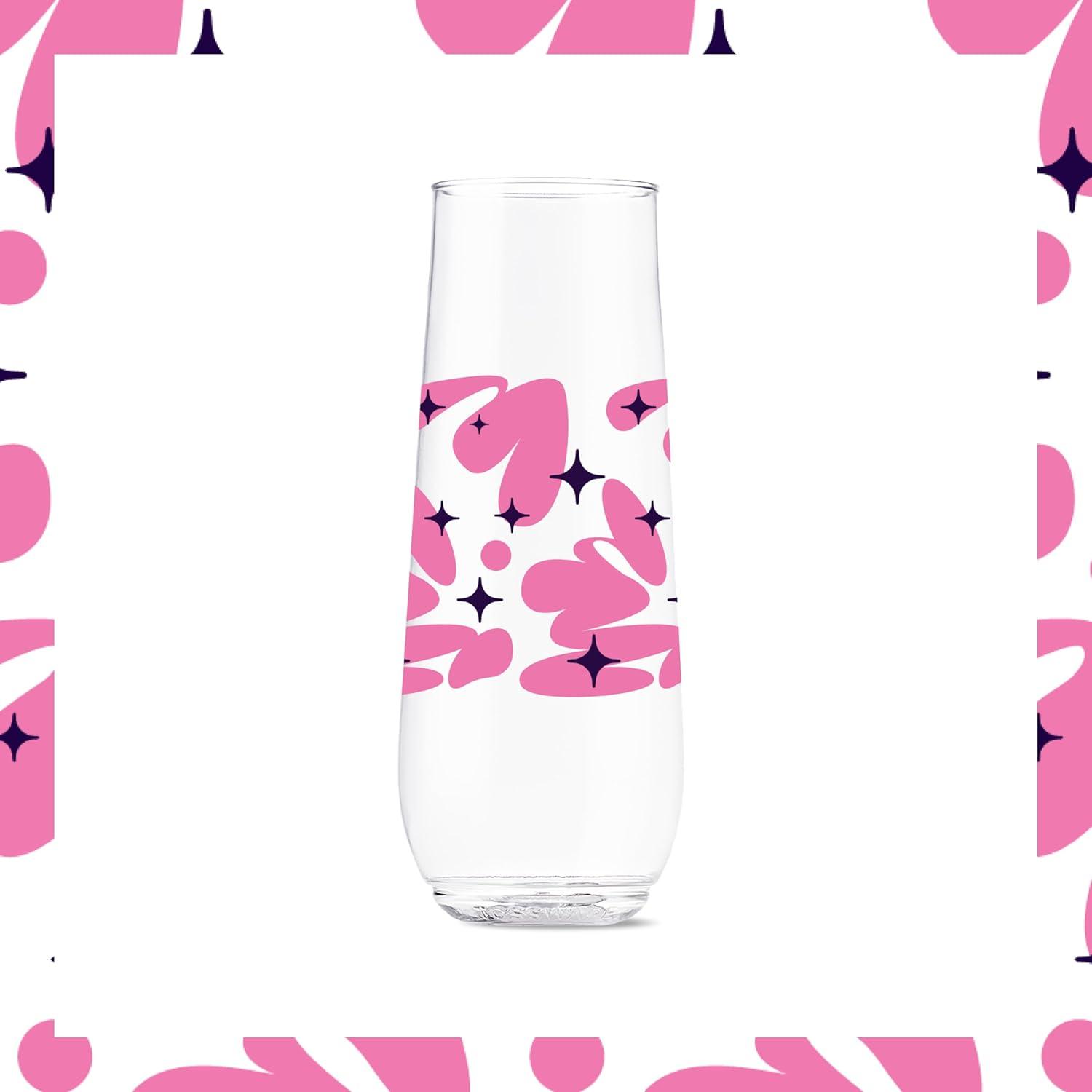 imageTOSSWARE POP 9oz Flute MidCentury Retro Series SET OF 6 Premium Quality Recyclable Unbreakable ampamp Crystal Clear Plastic Printed GlassesRetro Cartoon Pattern