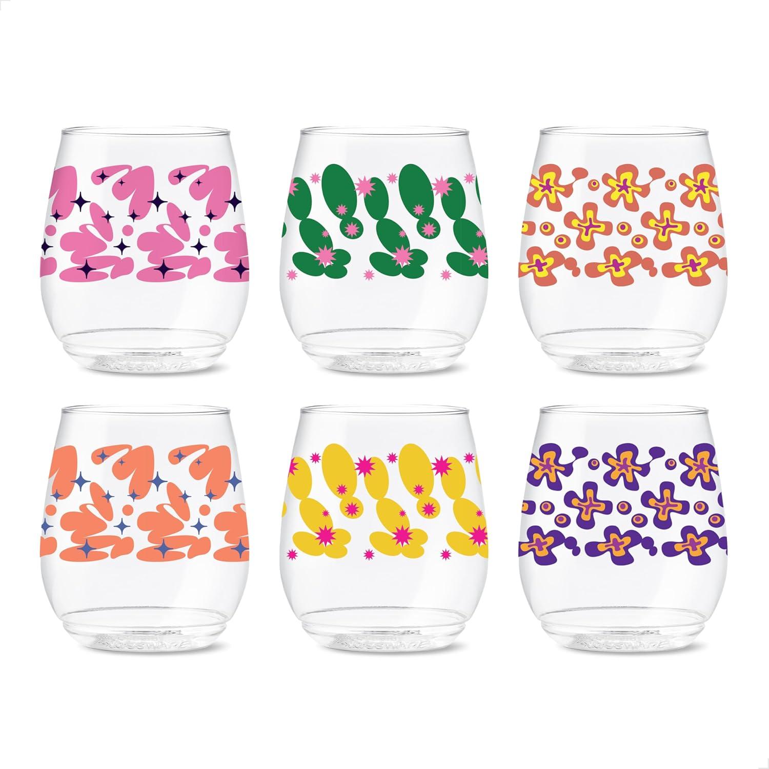 imageTOSSWARE POP 9oz Flute MidCentury Retro Series SET OF 6 Premium Quality Recyclable Unbreakable ampamp Crystal Clear Plastic Printed GlassesRetro Cartoon Pattern