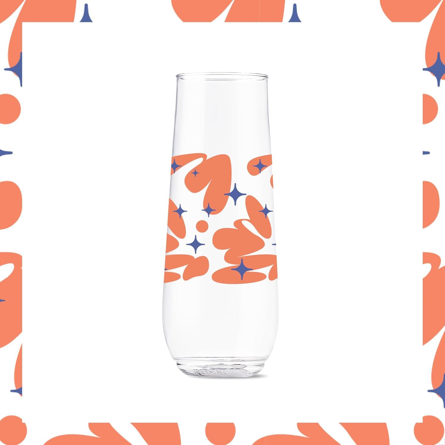 imageTOSSWARE POP 9oz Flute MidCentury Retro Series SET OF 6 Premium Quality Recyclable Unbreakable ampamp Crystal Clear Plastic Printed GlassesRetro Cartoon Pattern
