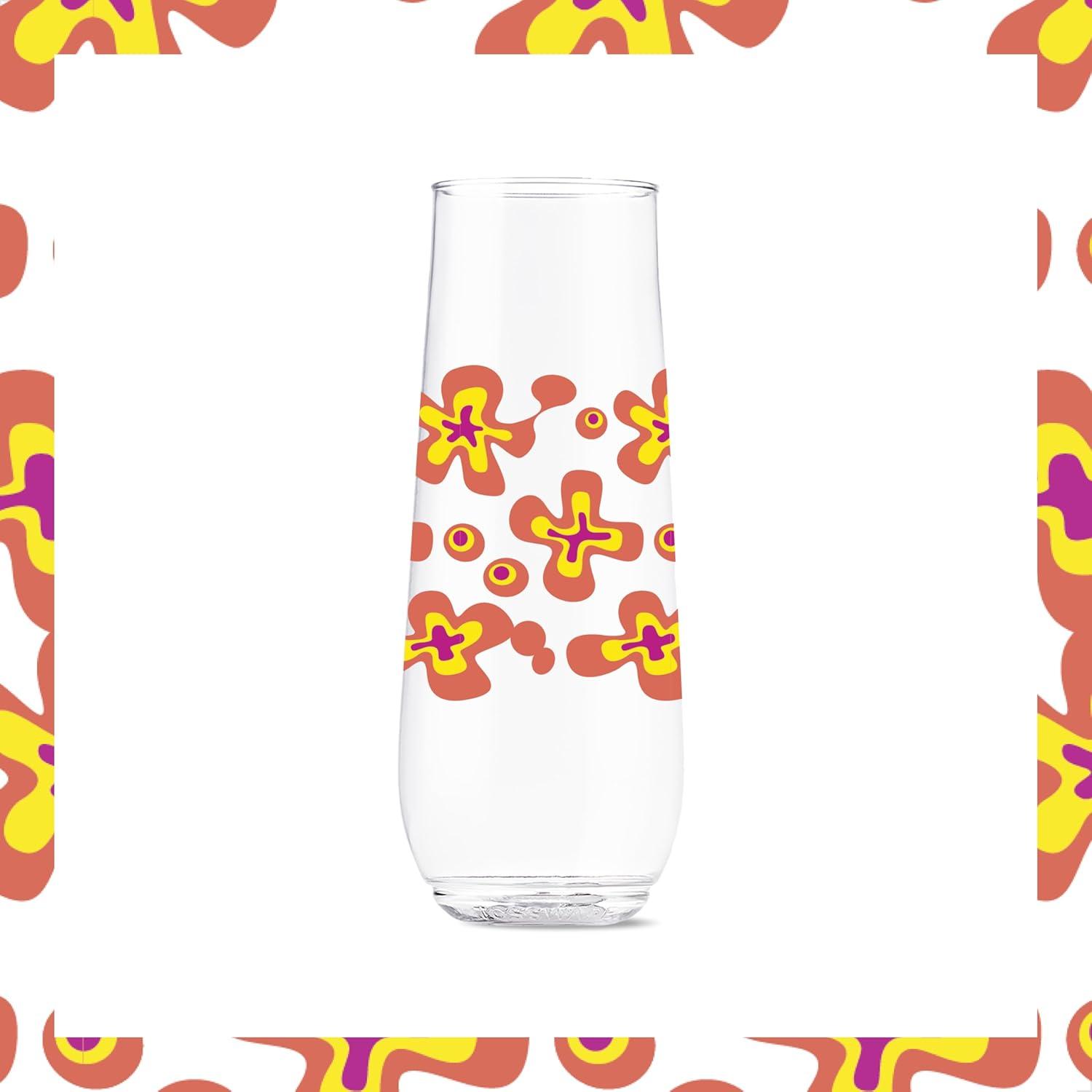 imageTOSSWARE POP 9oz Flute MidCentury Retro Series SET OF 6 Premium Quality Recyclable Unbreakable ampamp Crystal Clear Plastic Printed GlassesRetro Cartoon Pattern