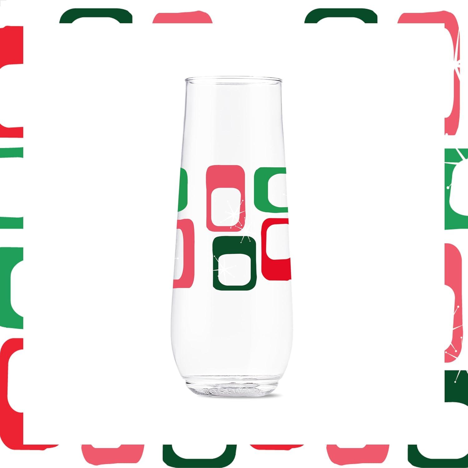 imageTOSSWARE POP 9oz Flute MidCentury Retro Series SET OF 6 Premium Quality Recyclable Unbreakable ampamp Crystal Clear Plastic Printed GlassesRetro Festive Pattern