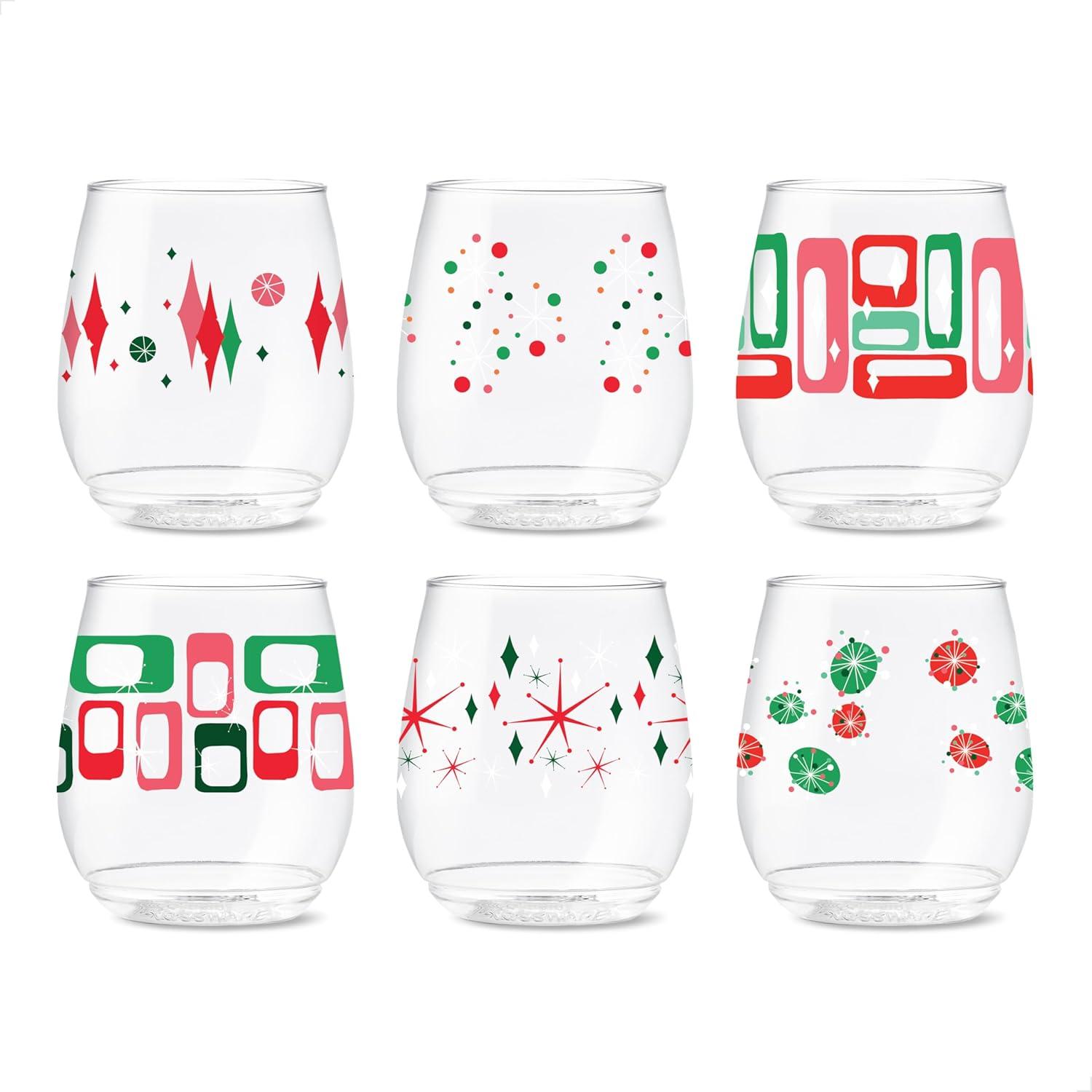 imageTOSSWARE POP 9oz Flute MidCentury Retro Series SET OF 6 Premium Quality Recyclable Unbreakable ampamp Crystal Clear Plastic Printed GlassesRetro Festive Pattern